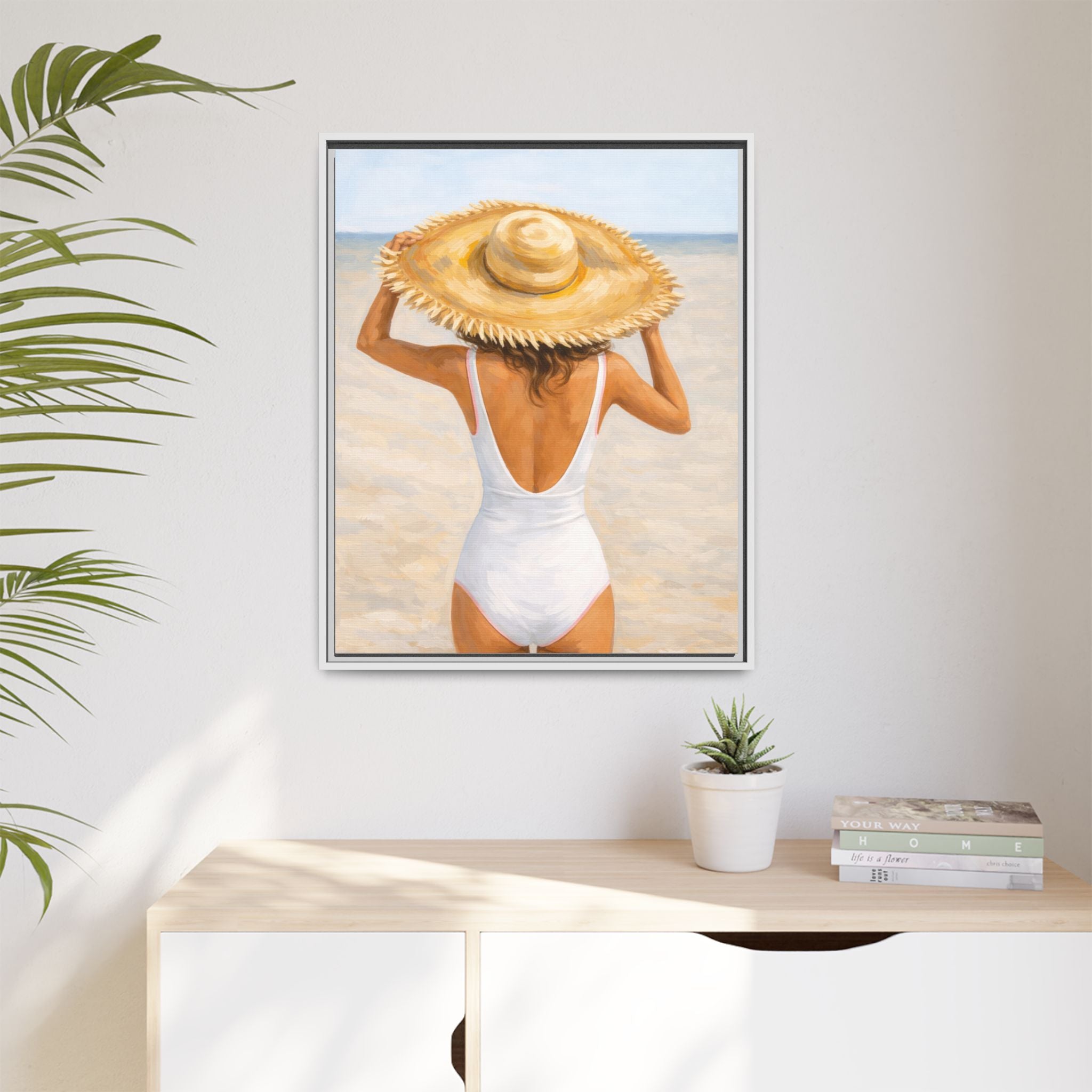 Framed Beach Canvas Print — Woman in Straw Hat Wall Art