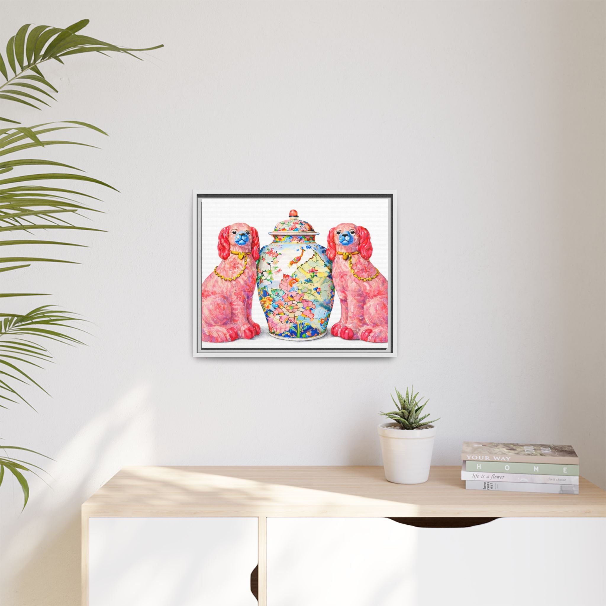 Pink Staffordshire Dogs & Floral Ginger Jar Framed Canvas