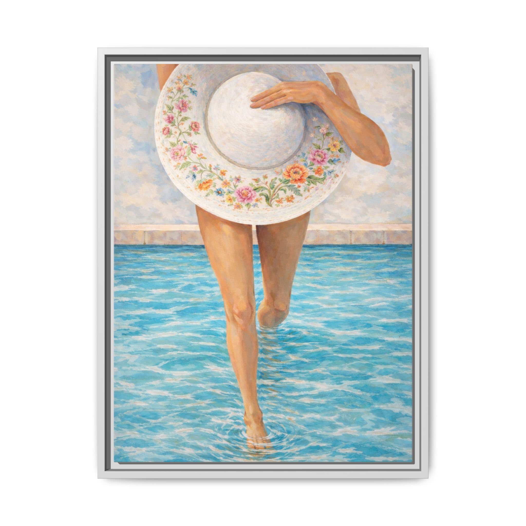 Summer Stroll Canvas Print — Woman with Floral Sun Hat Framed Art