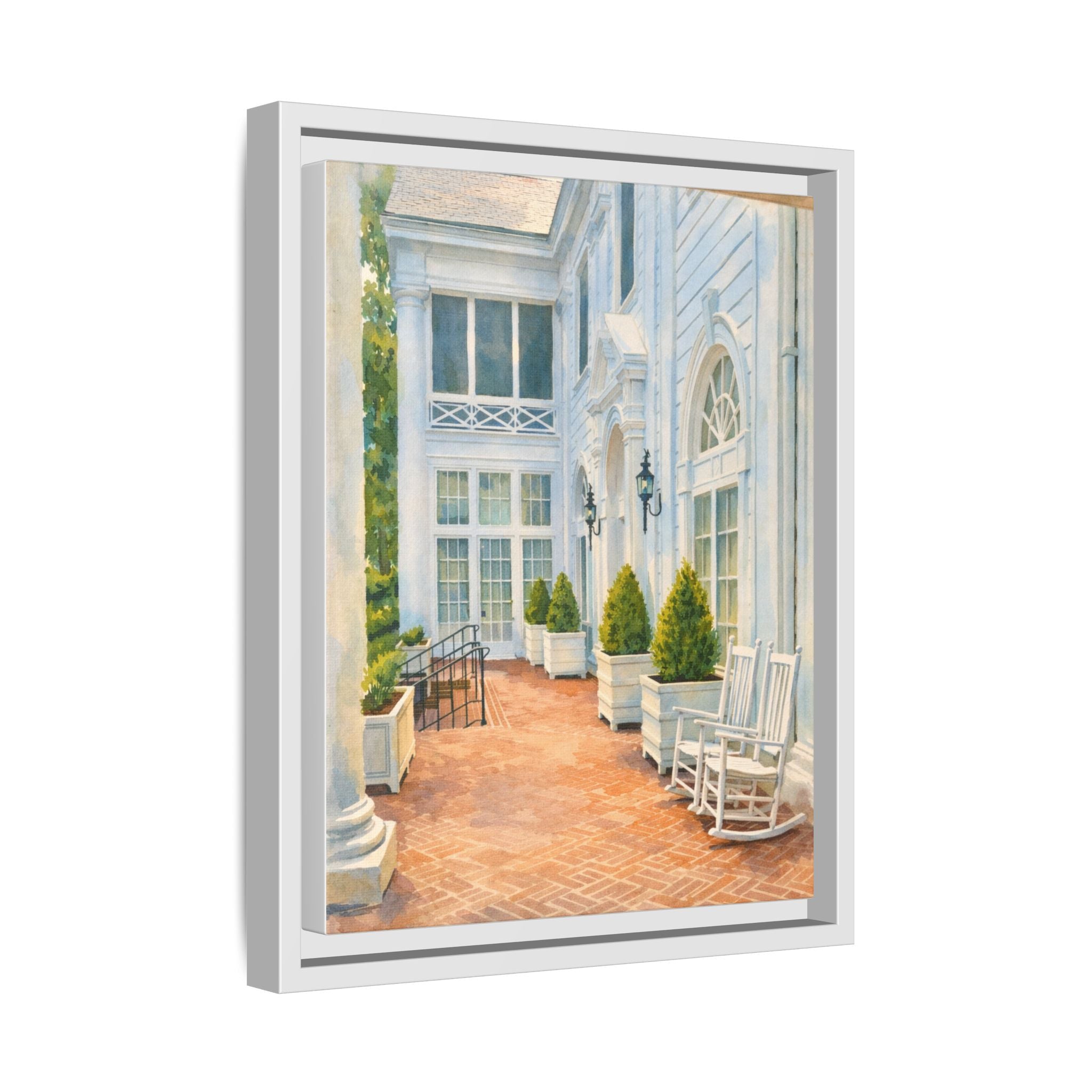 Framed Matte Canvas Print — Sunny Southern Porch Painting - The Duke Mansion
