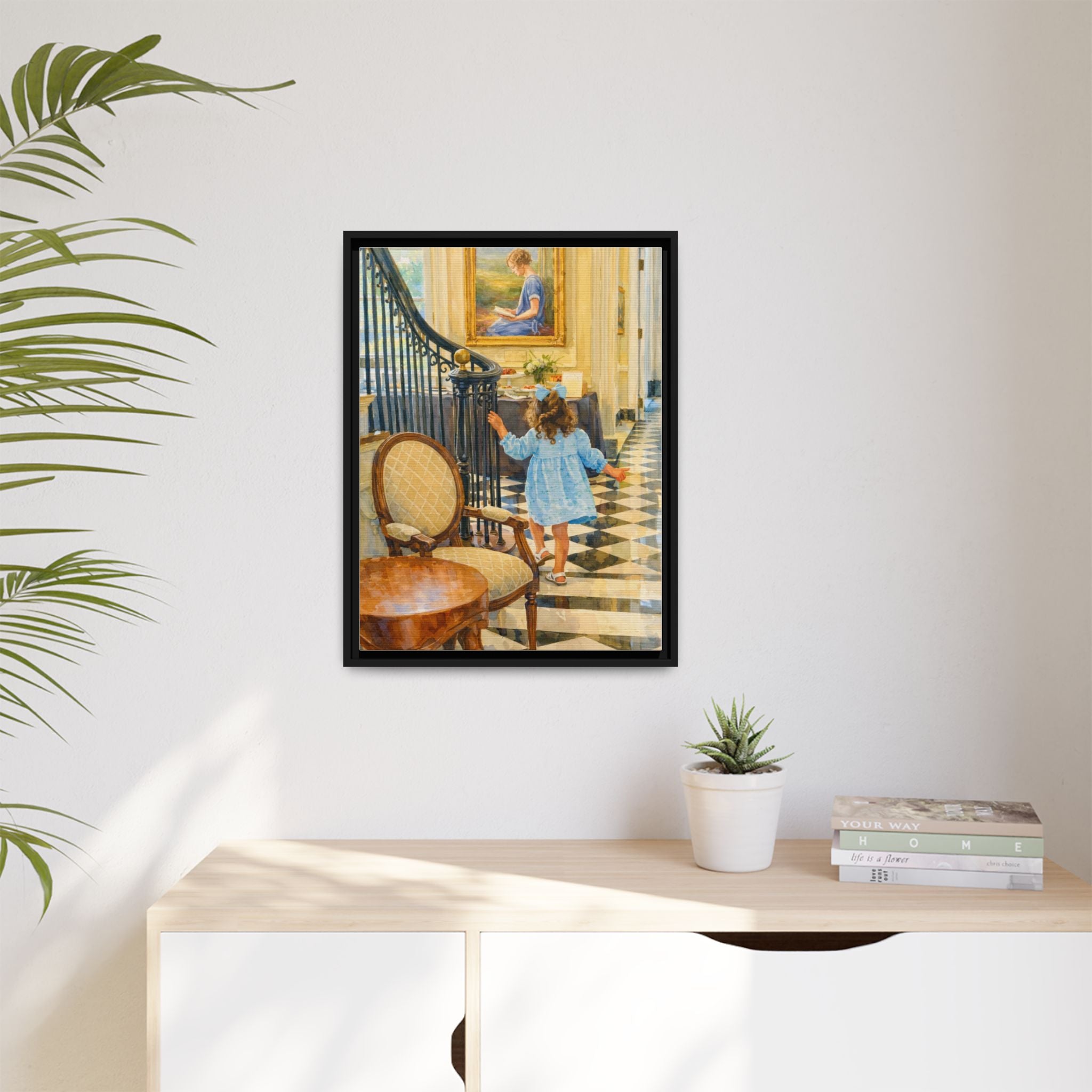 Framed Canvas Art – Little Girl in Blue Dress Vintage Hallway Print