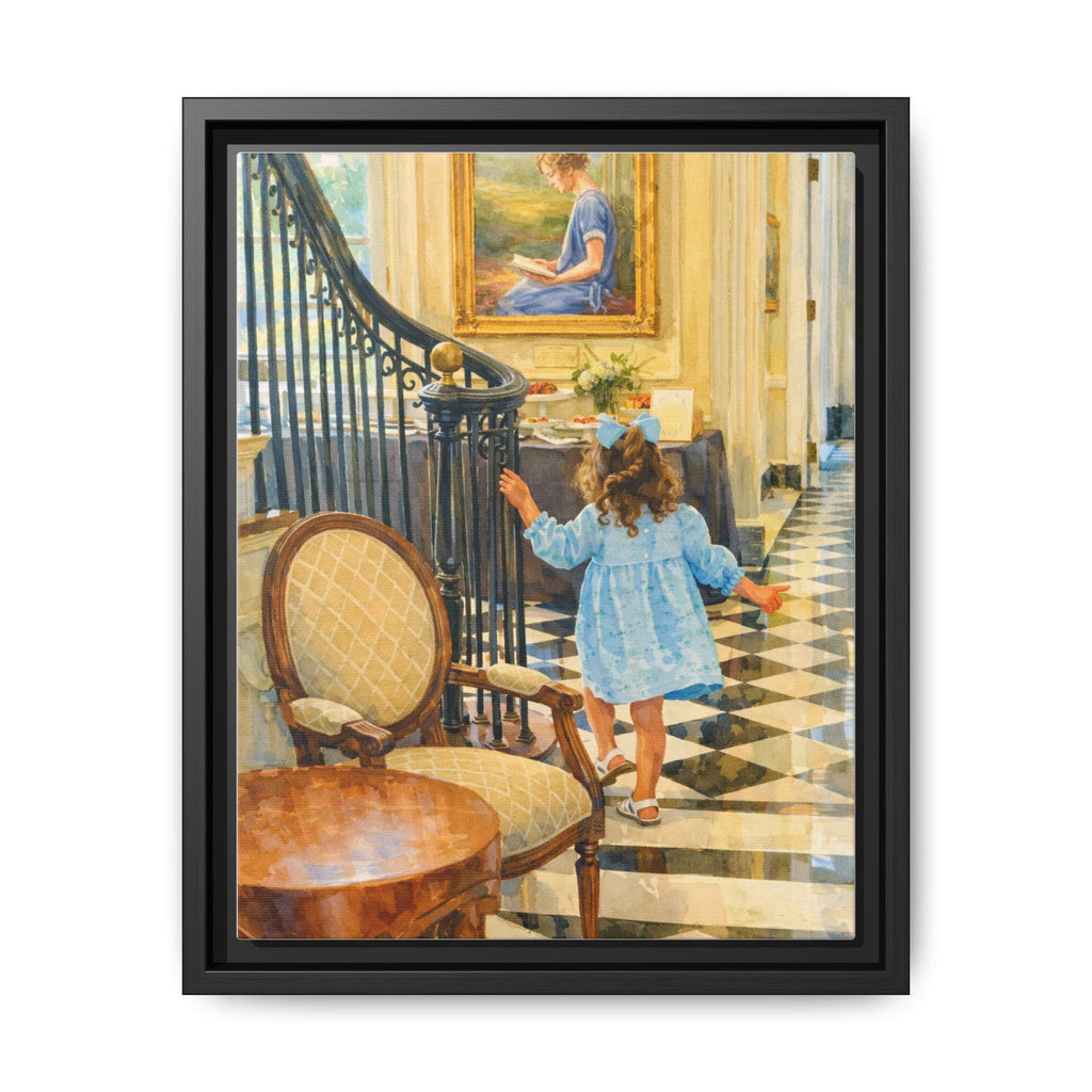 Framed Canvas Art – Little Girl in Blue Dress Vintage Hallway Print