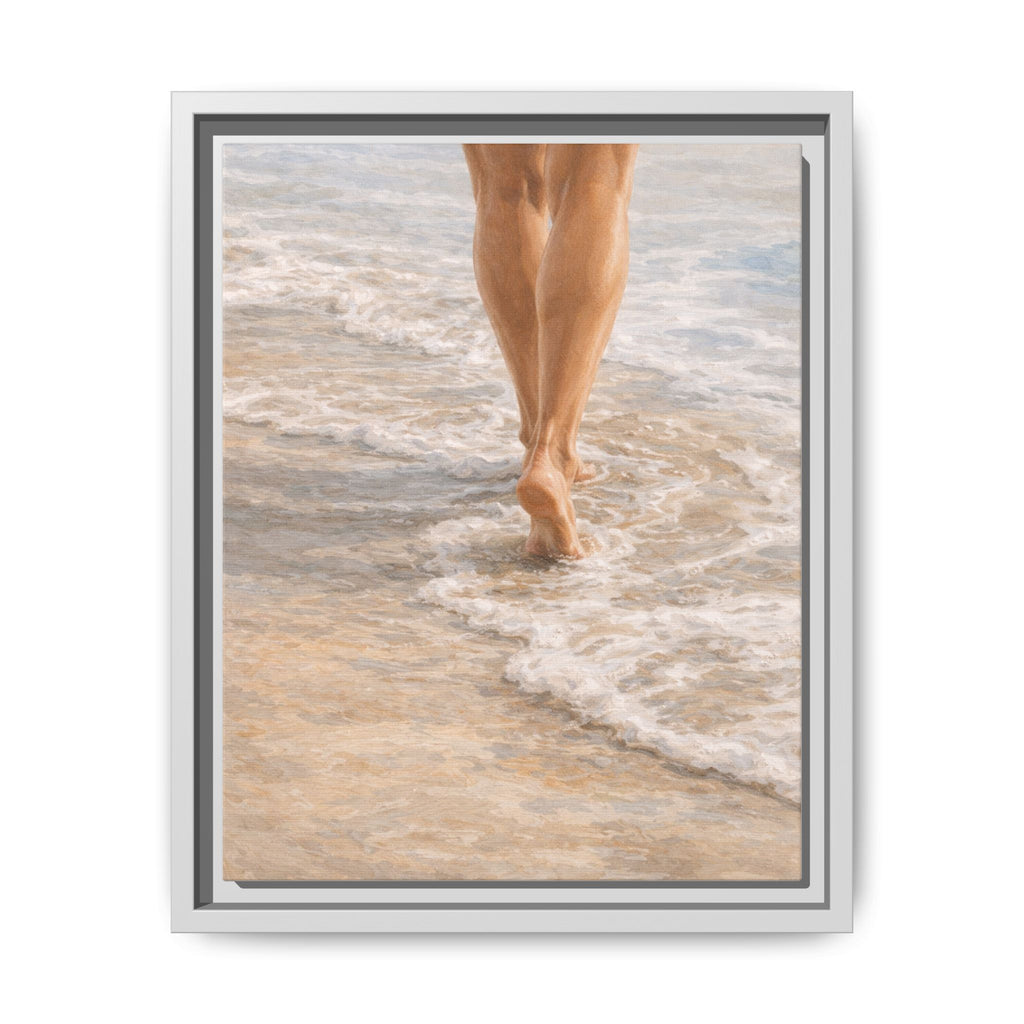 Framed Canvas Art — Bare Feet Walking on Beach Seashore Print