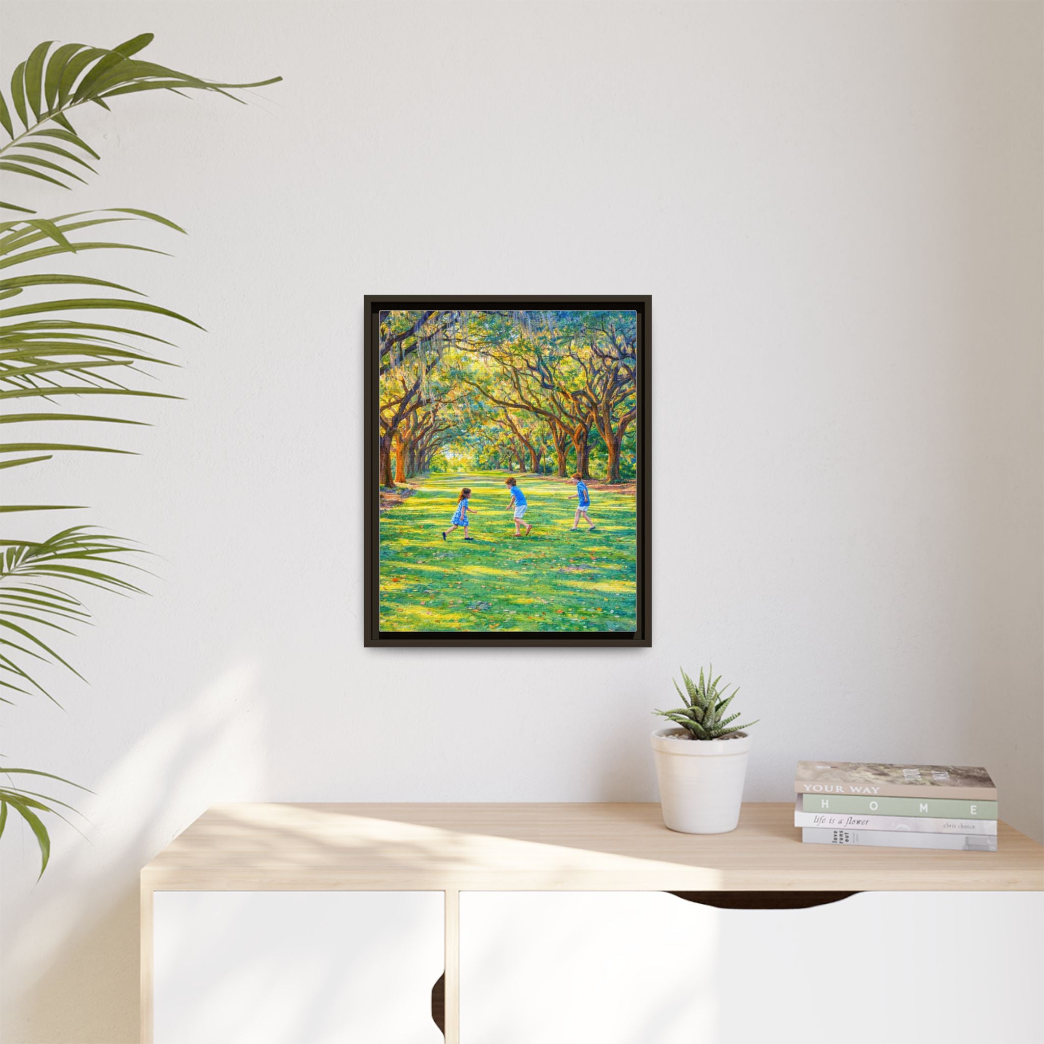 Framed Canvas Print — Children Playing Under Sunlit Oak Trees (Matte)