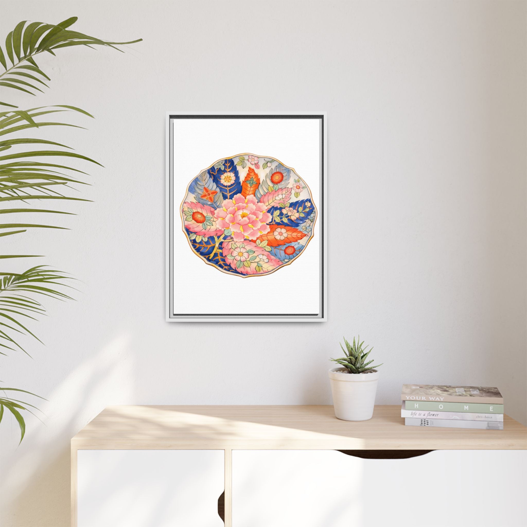 Floral Medallion Framed Canvas Art — Vintage Botanical Wall Decor