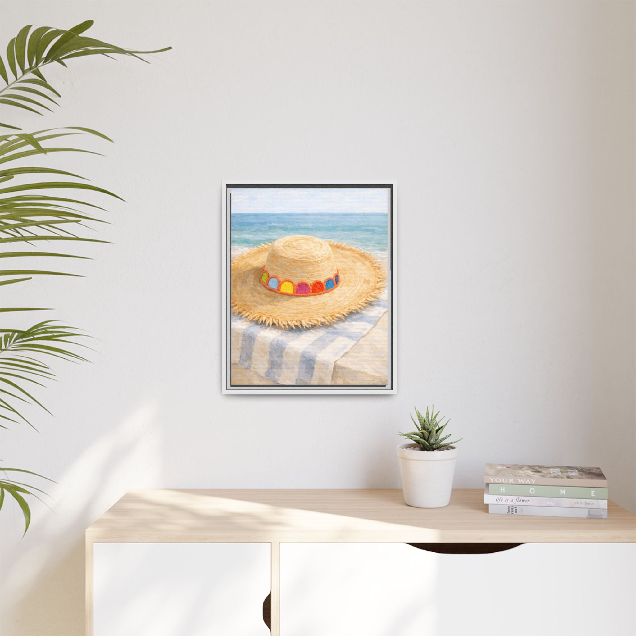 Beach Straw Hat Canvas Print — Framed Matte Wall Art