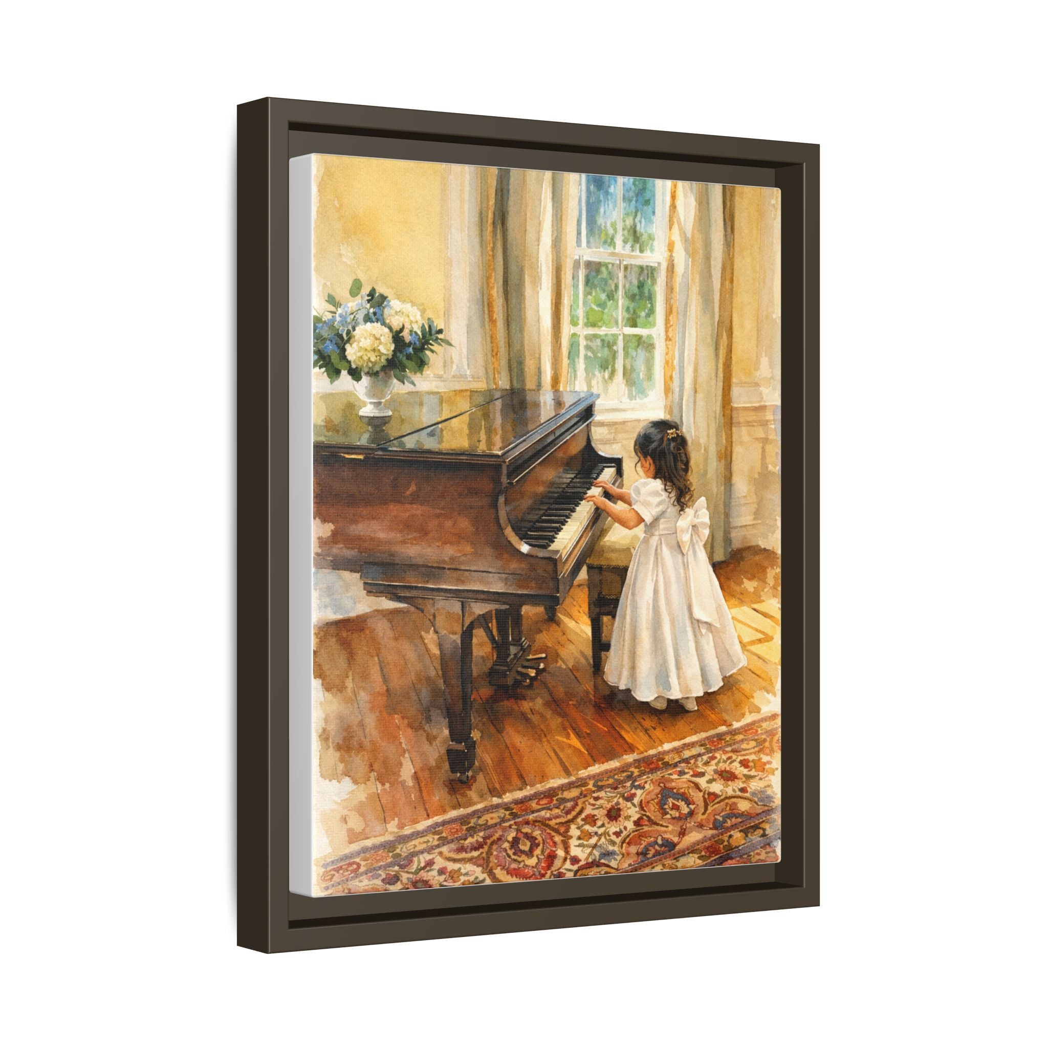 Framed Canvas Art - Little Girl at Piano Watercolor Print