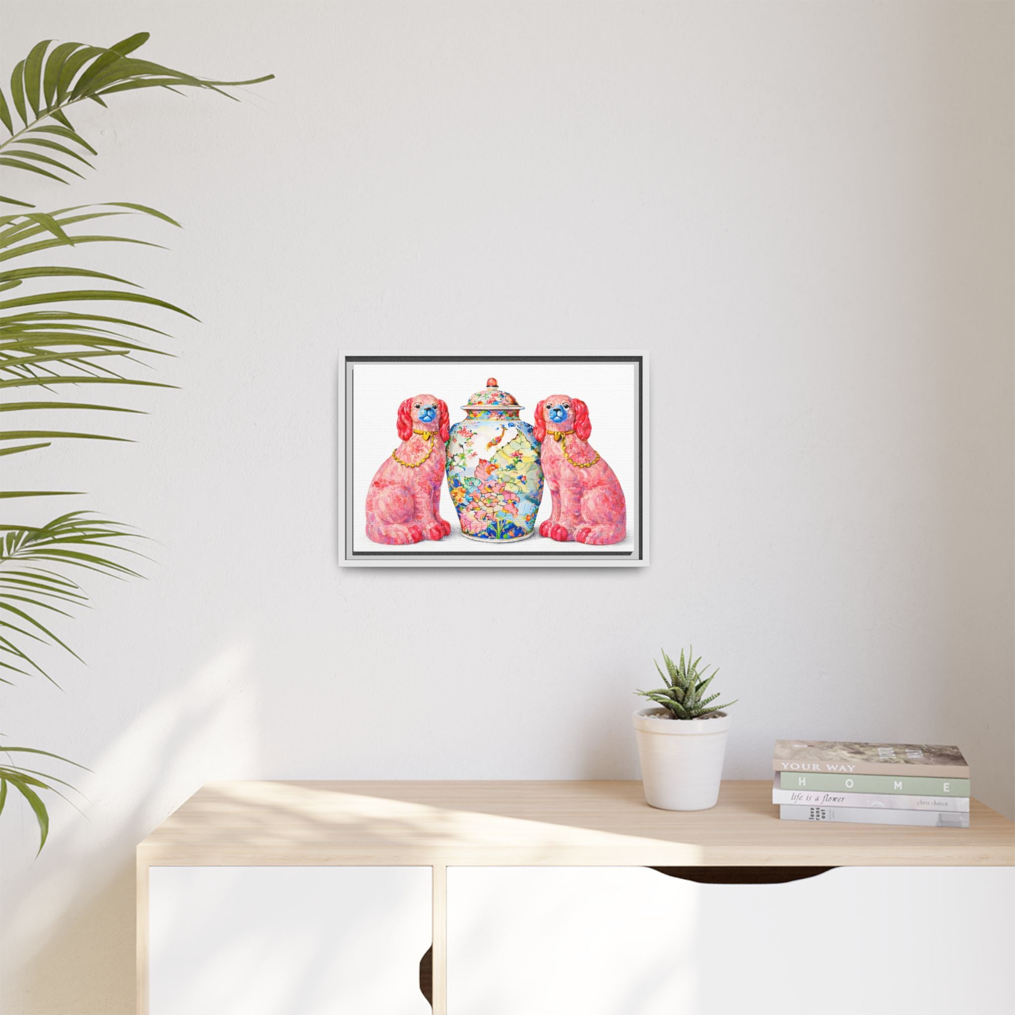 Pink Staffordshire Dogs & Floral Ginger Jar Framed Canvas