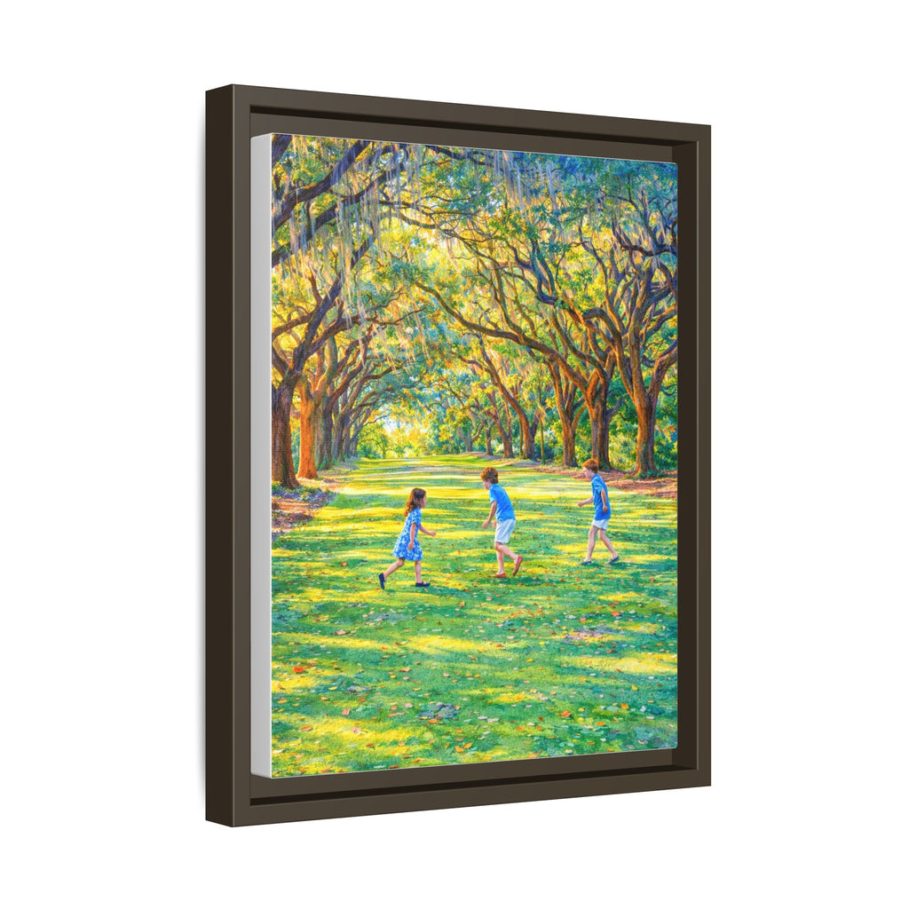 Framed Canvas Print — Children Playing Under Sunlit Oak Trees (Matte)