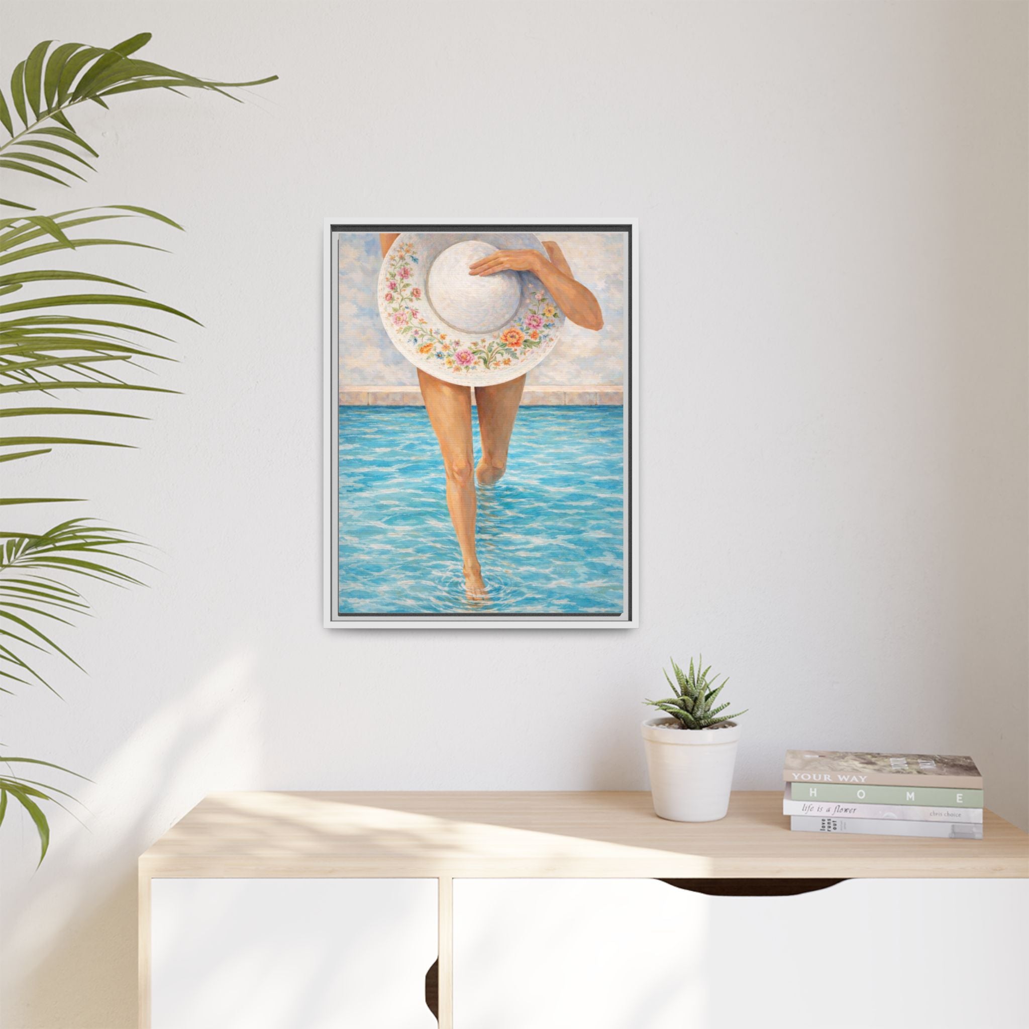 Summer Stroll Canvas Print — Woman with Floral Sun Hat Framed Art