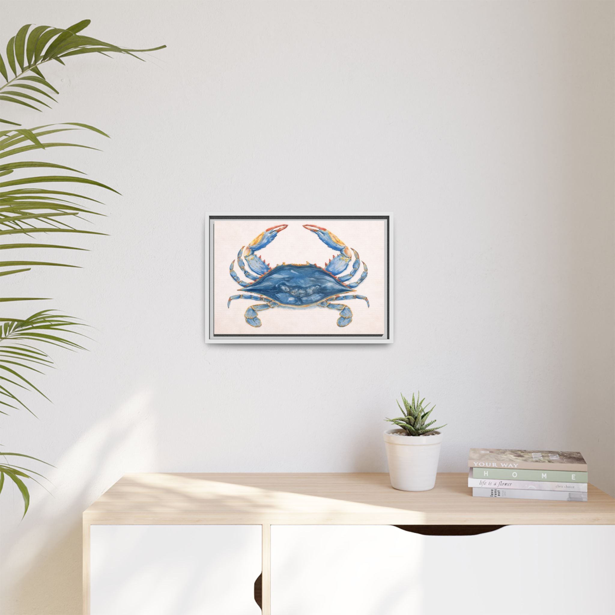 Blue Crab Coastal Canvas Print — Framed Matte Wall Art