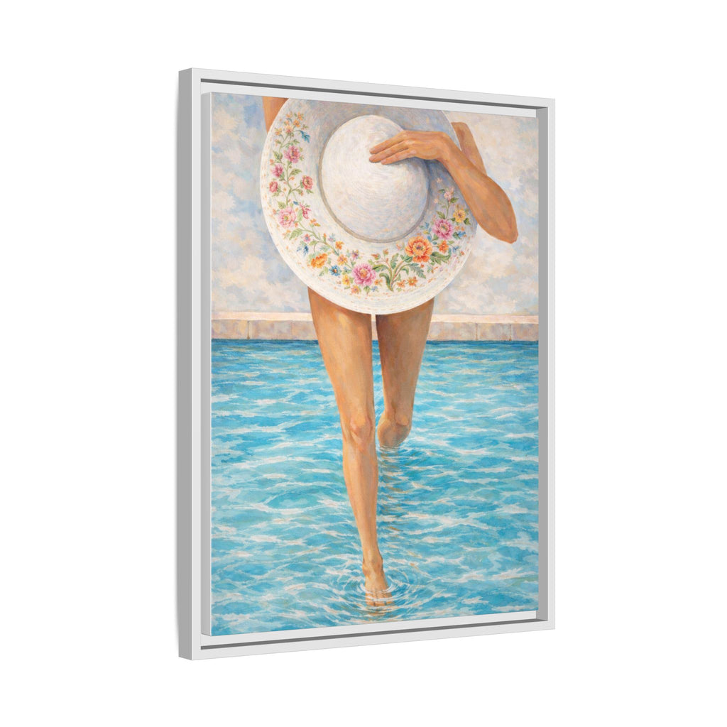 Summer Stroll Canvas Print — Woman with Floral Sun Hat Framed Art