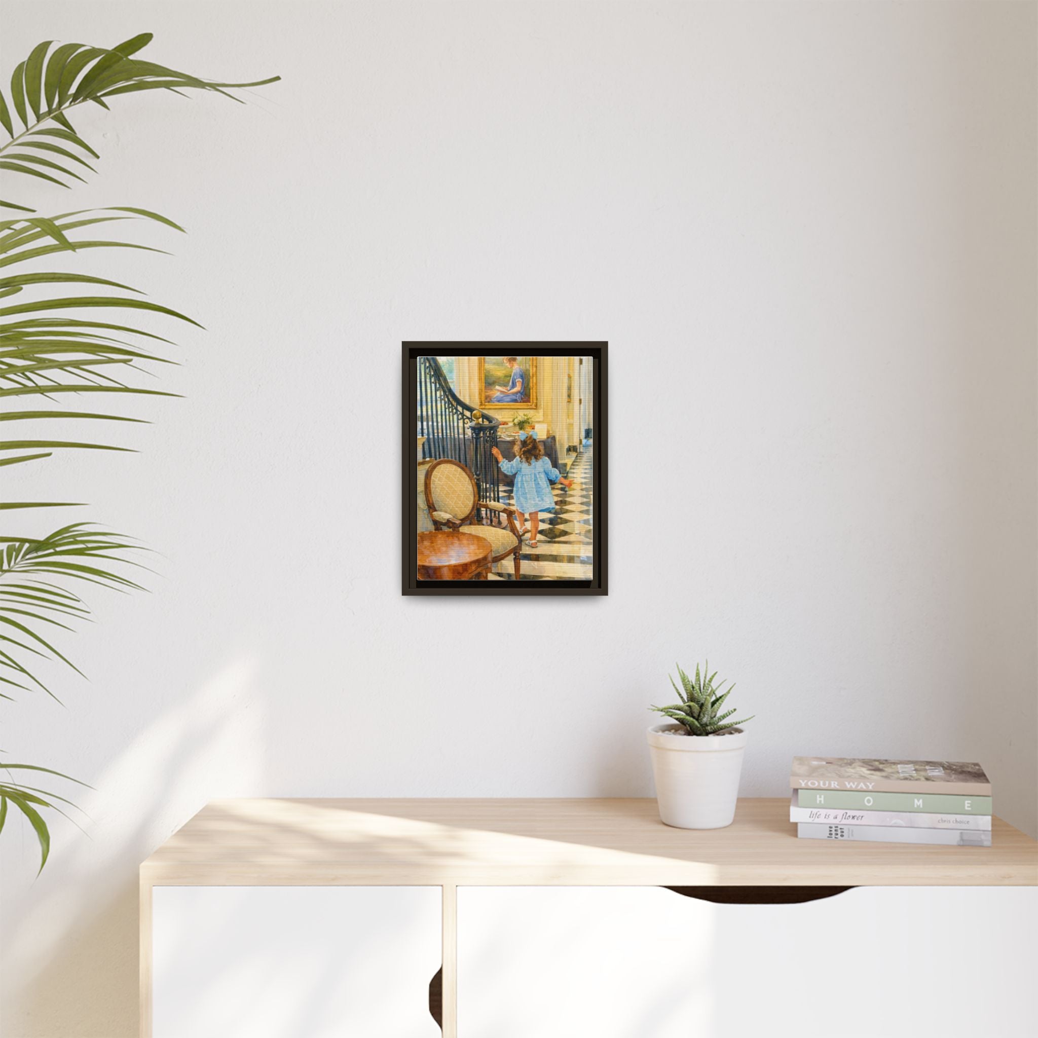 Framed Canvas Art – Little Girl in Blue Dress Vintage Hallway Print