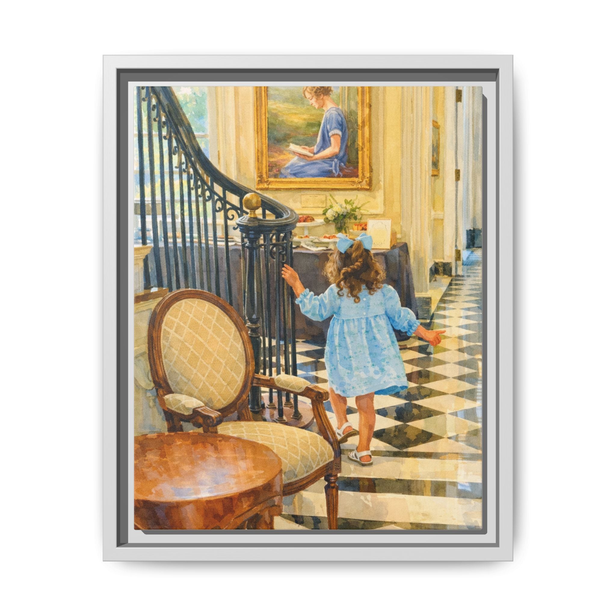 Framed Canvas Art – Little Girl in Blue Dress Vintage Hallway Print