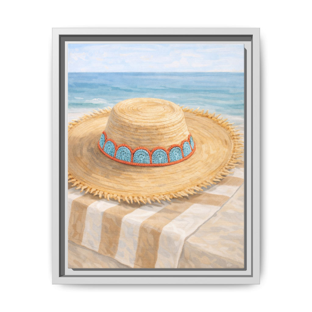 Beach Straw Hat Framed Canvas Print — Coastal Wall Art