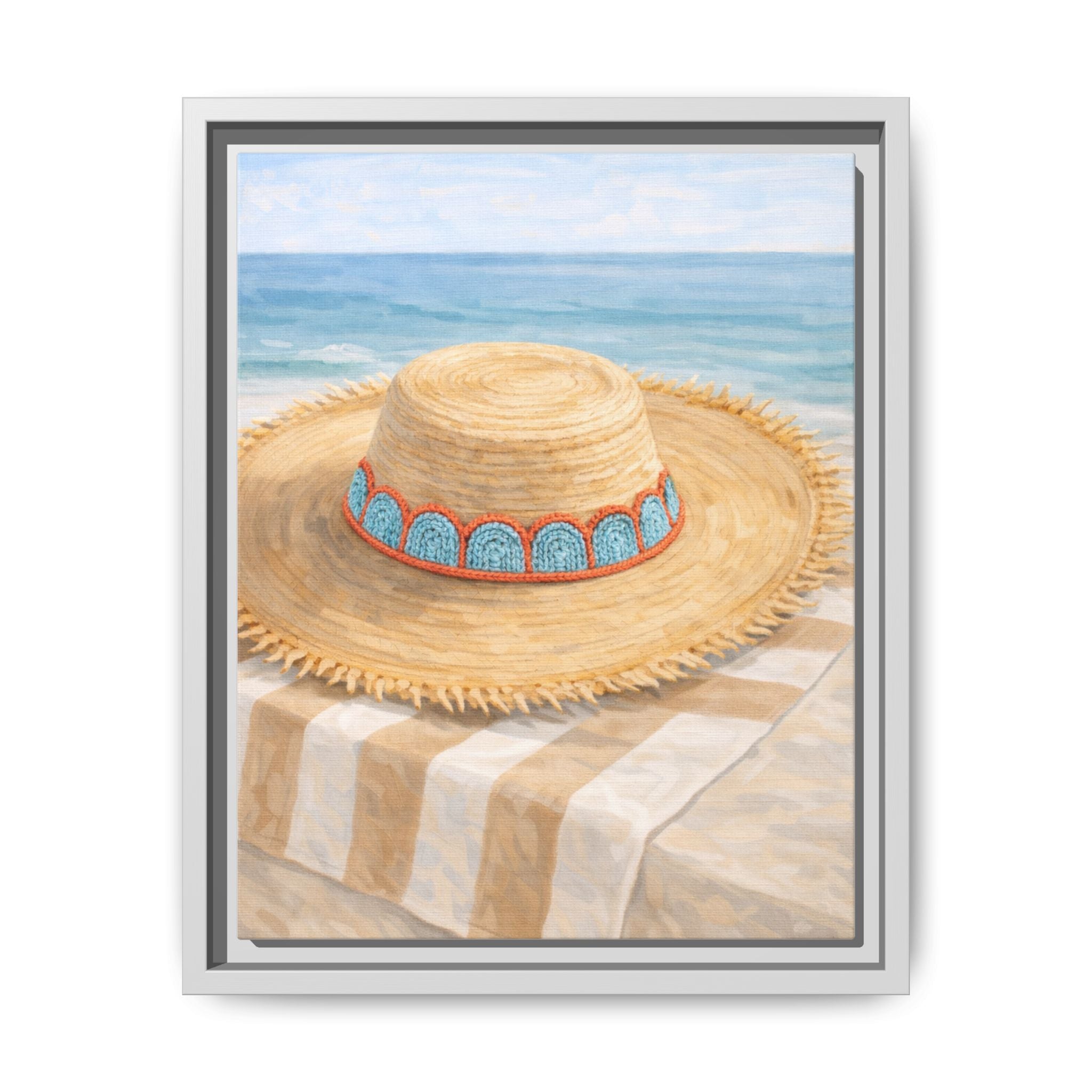 Beach Straw Hat Framed Canvas Print — Coastal Wall Art