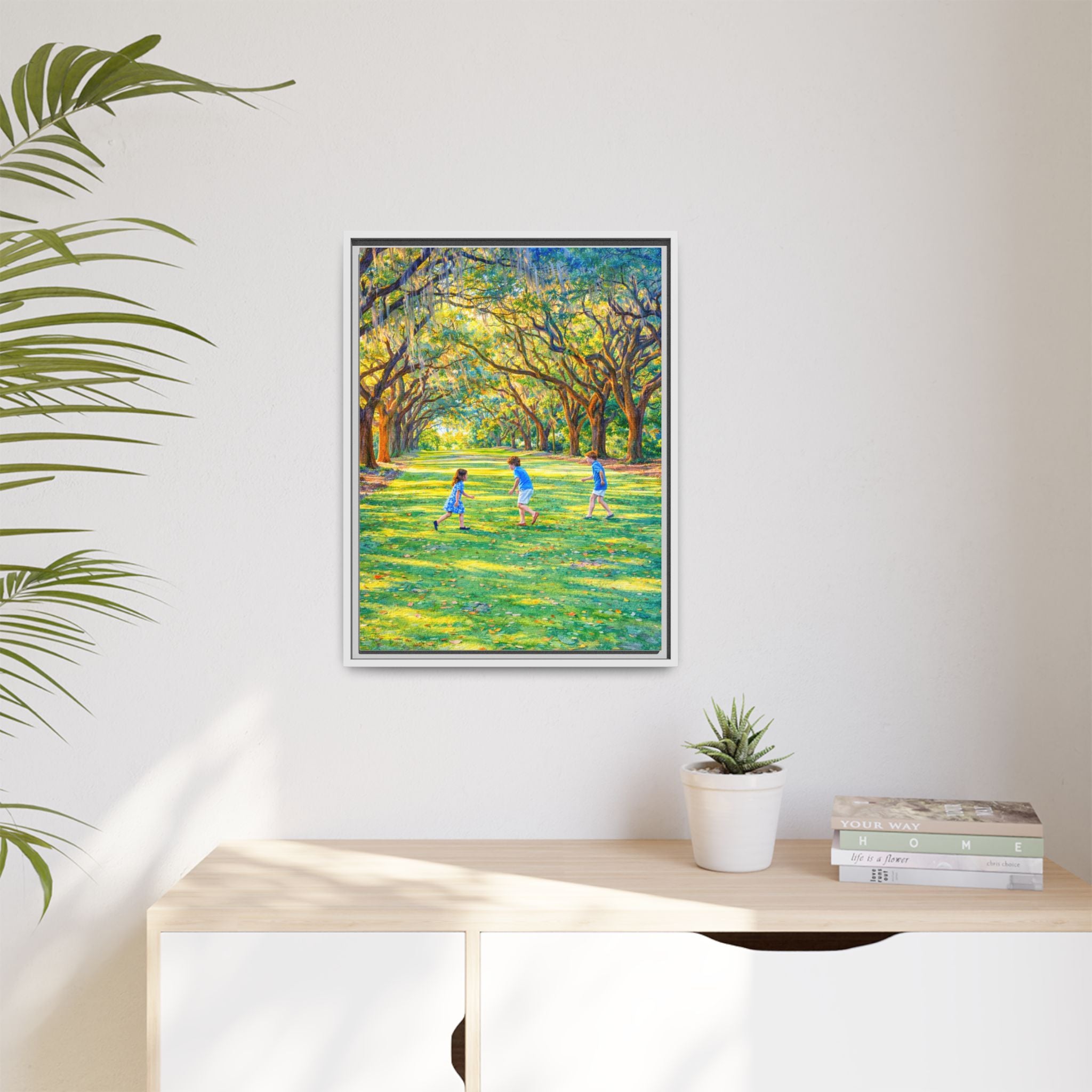 Framed Canvas Print — Children Playing Under Sunlit Oak Trees (Matte)