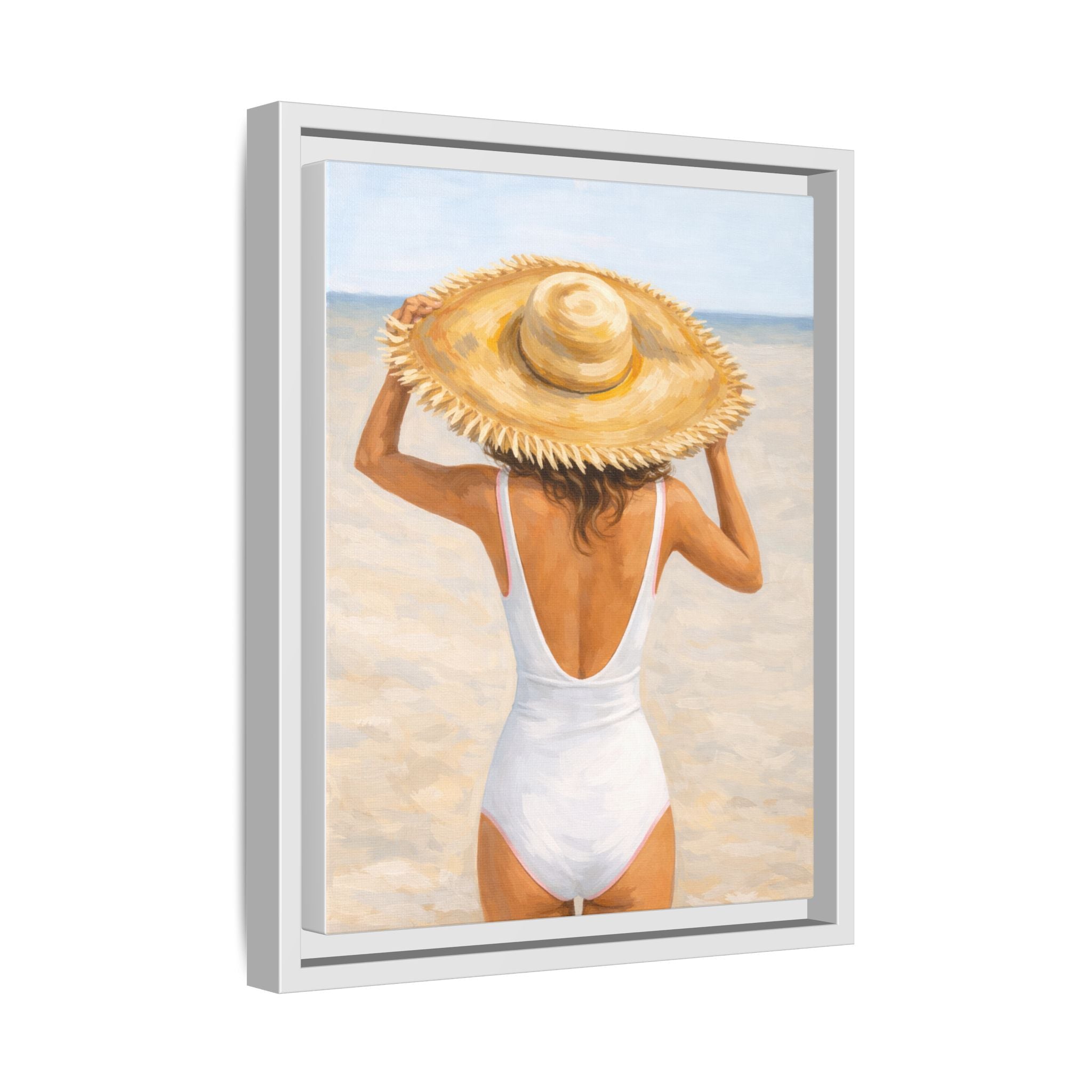 Framed Beach Canvas Print — Woman in Straw Hat Wall Art