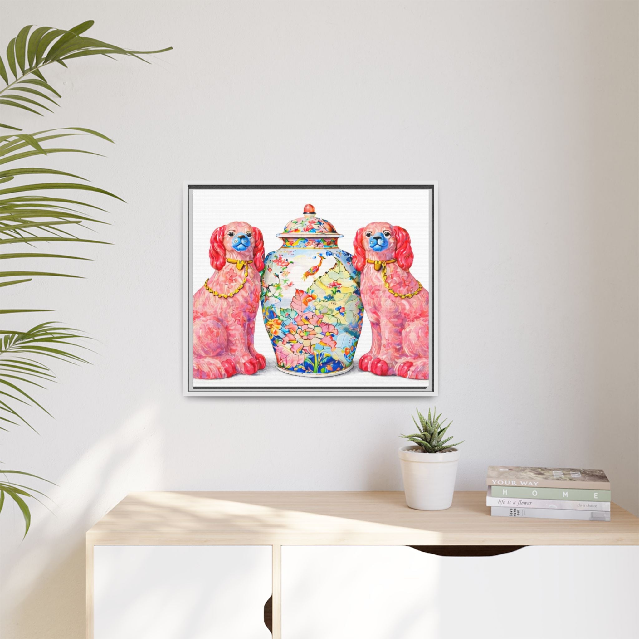 Pink Staffordshire Dogs & Floral Ginger Jar Framed Canvas
