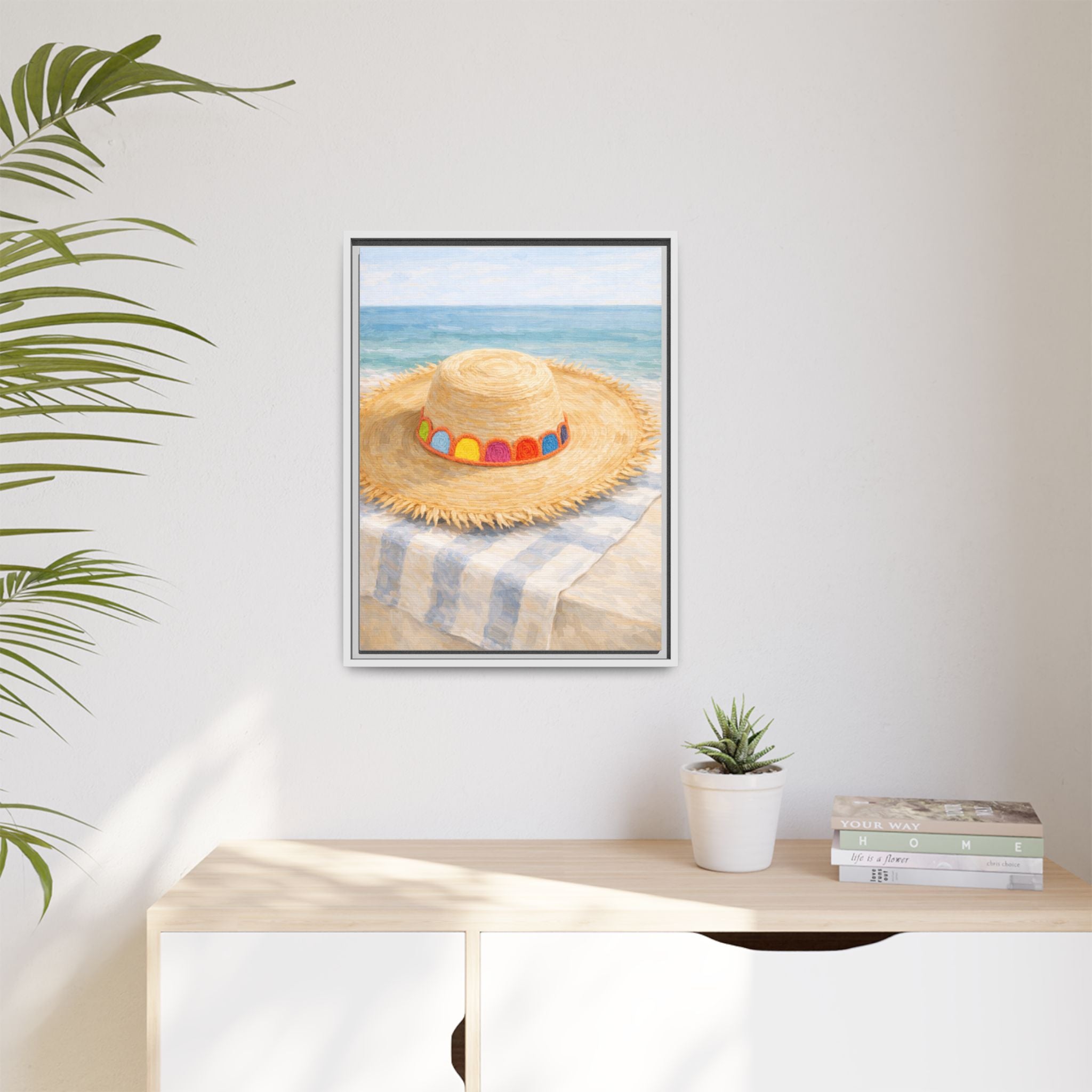 Beach Straw Hat Canvas Print — Framed Matte Wall Art