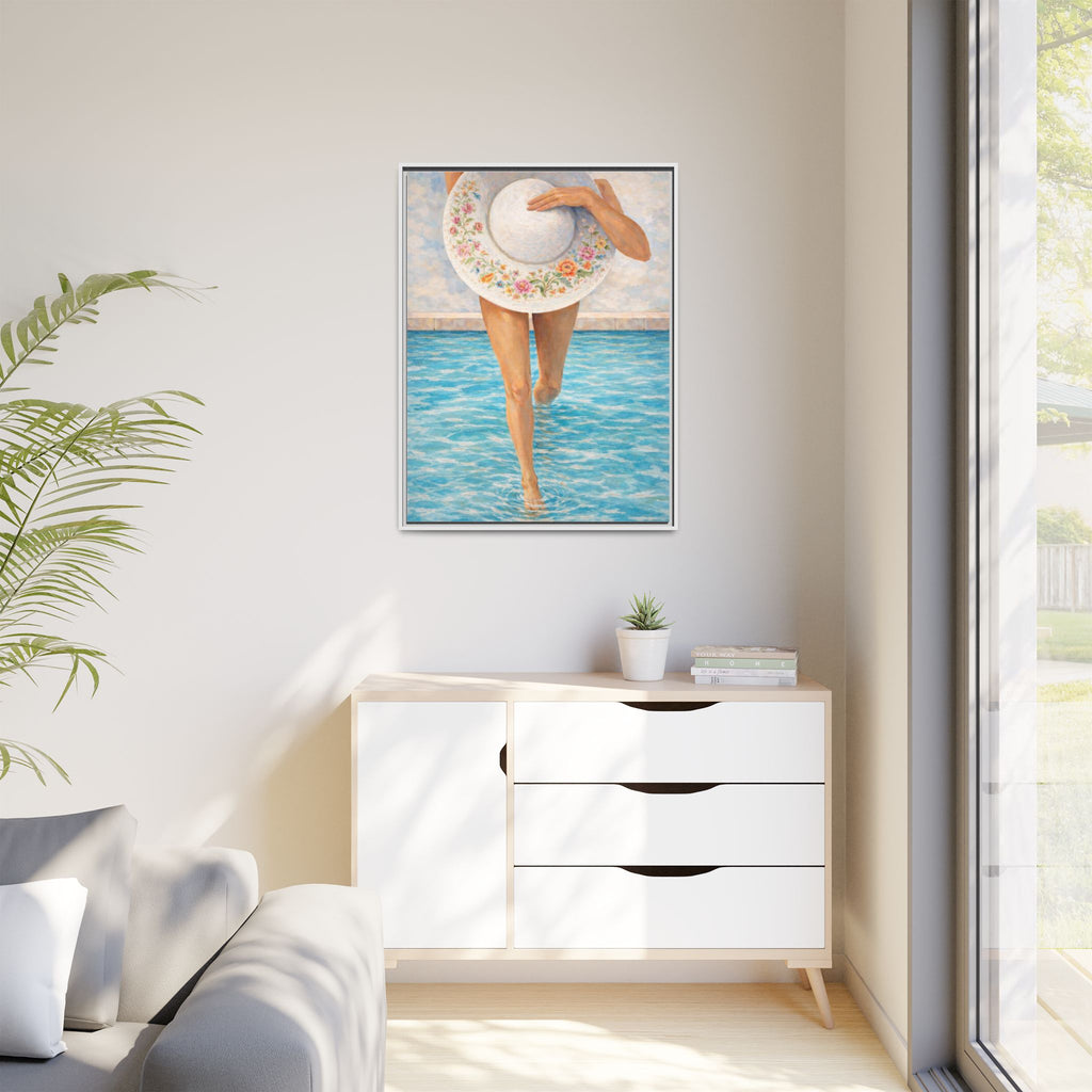 Summer Stroll Canvas Print — Woman with Floral Sun Hat Framed Art