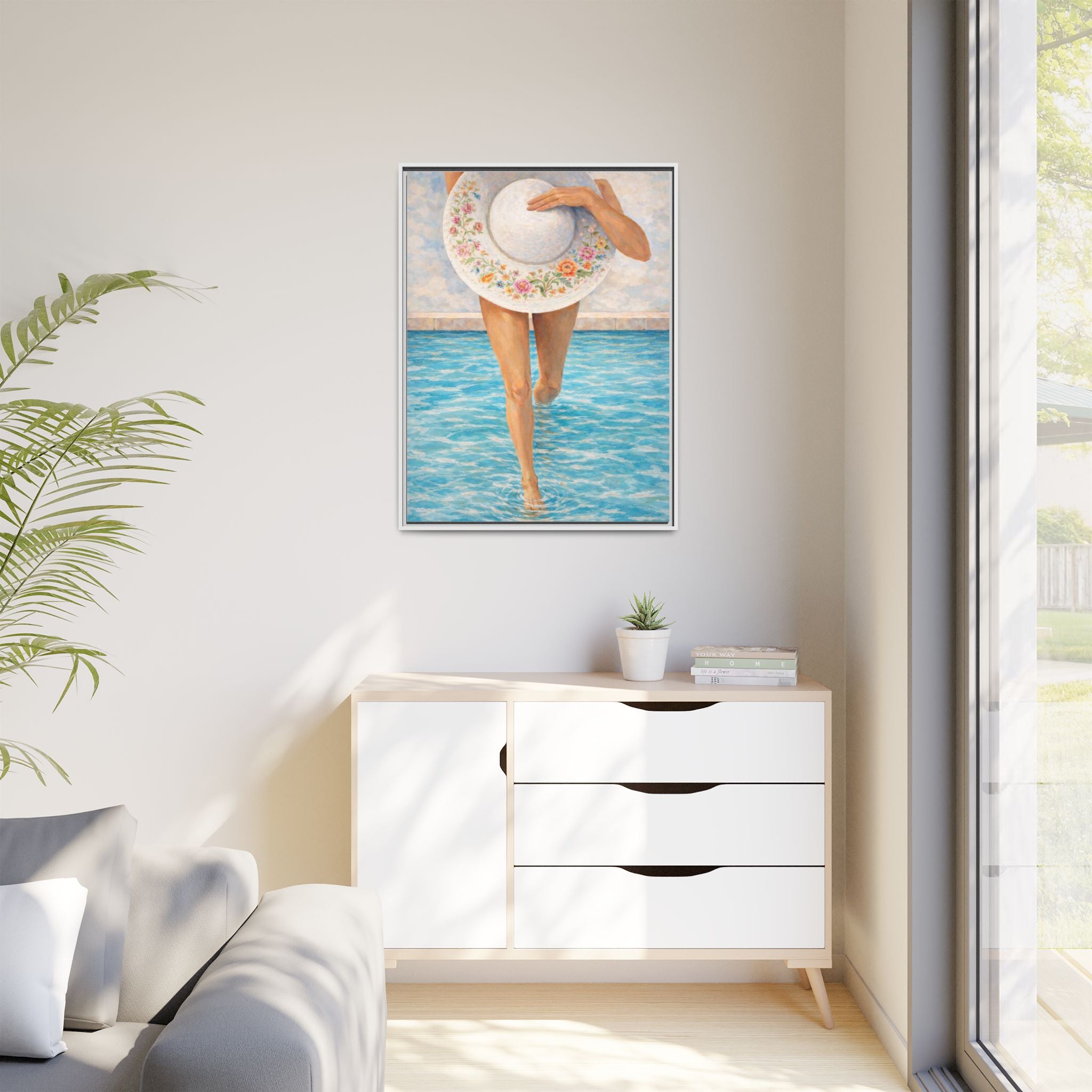 Summer Stroll Canvas Print — Woman with Floral Sun Hat Framed Art