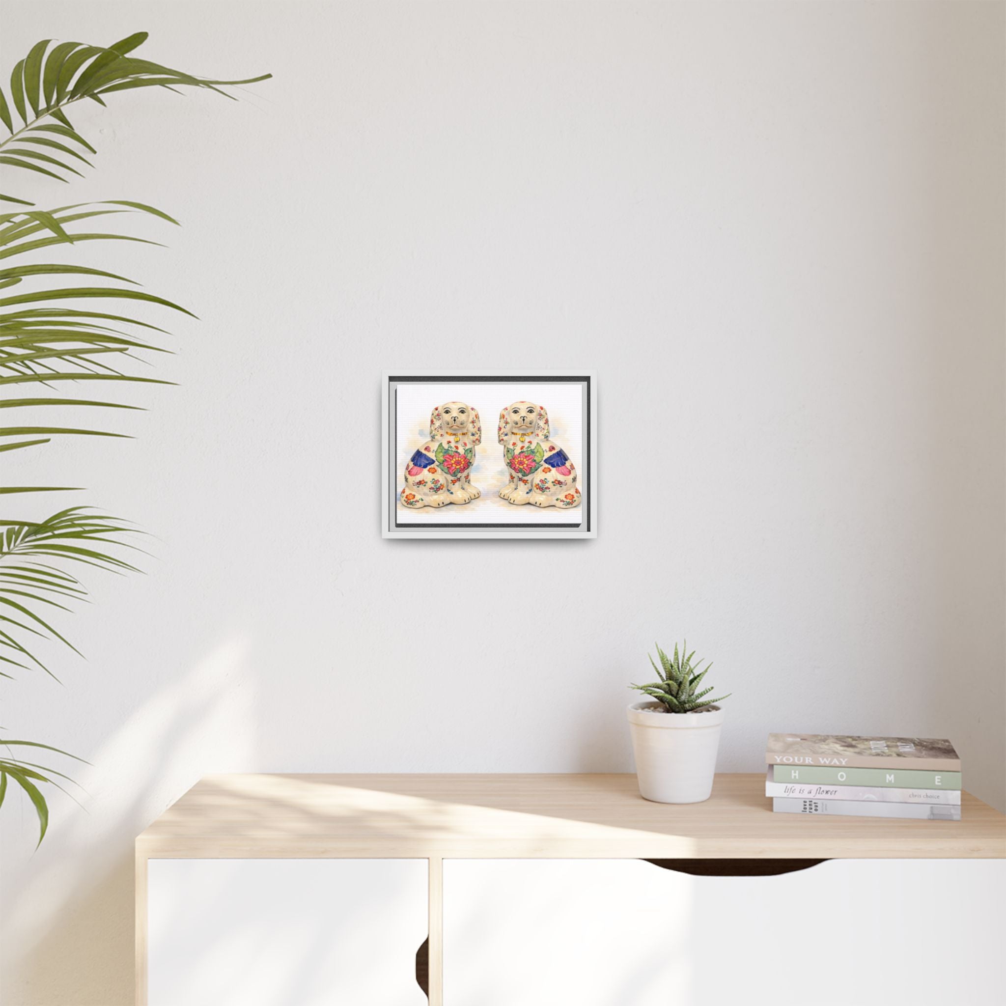Framed Matte Canvas - Vintage Floral Staffordshire Spaniels Wall Art