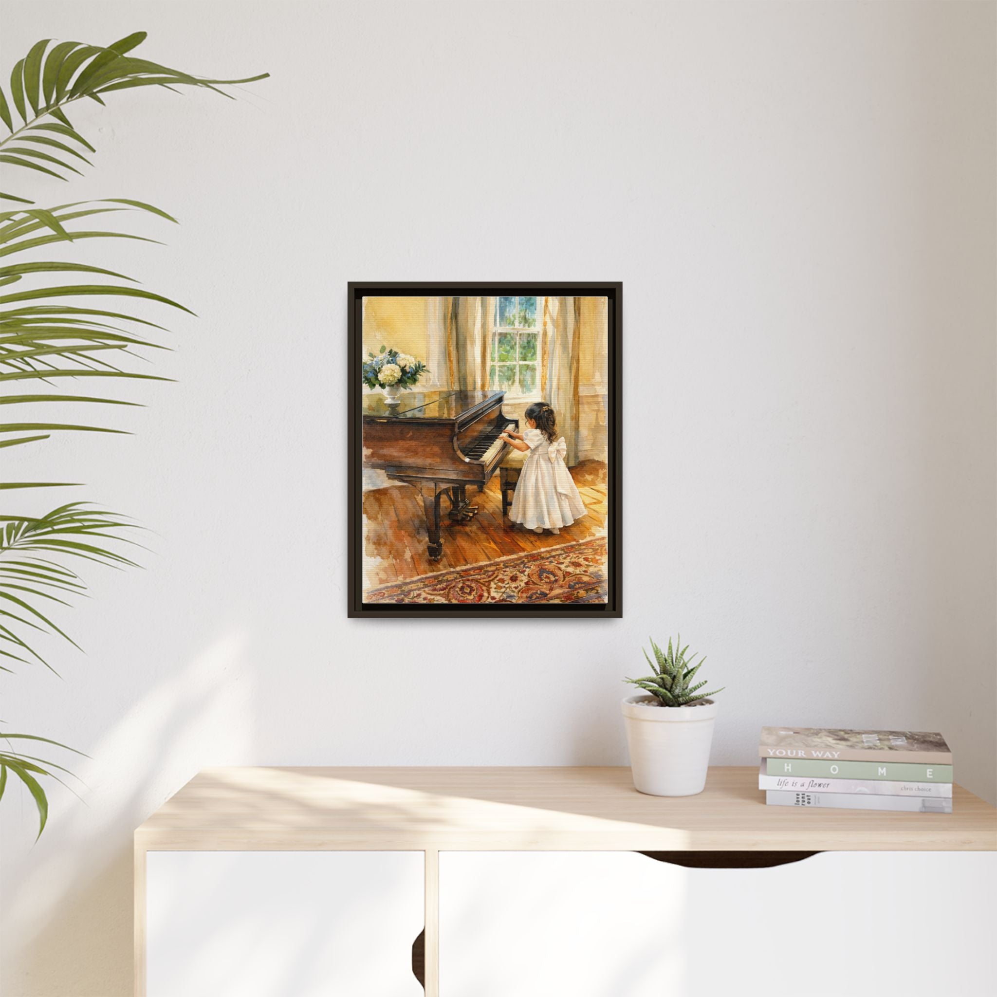 Framed Canvas Art - Little Girl at Piano Watercolor Print