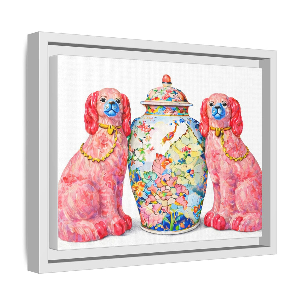 Pink Staffordshire Dogs & Floral Ginger Jar Framed Canvas