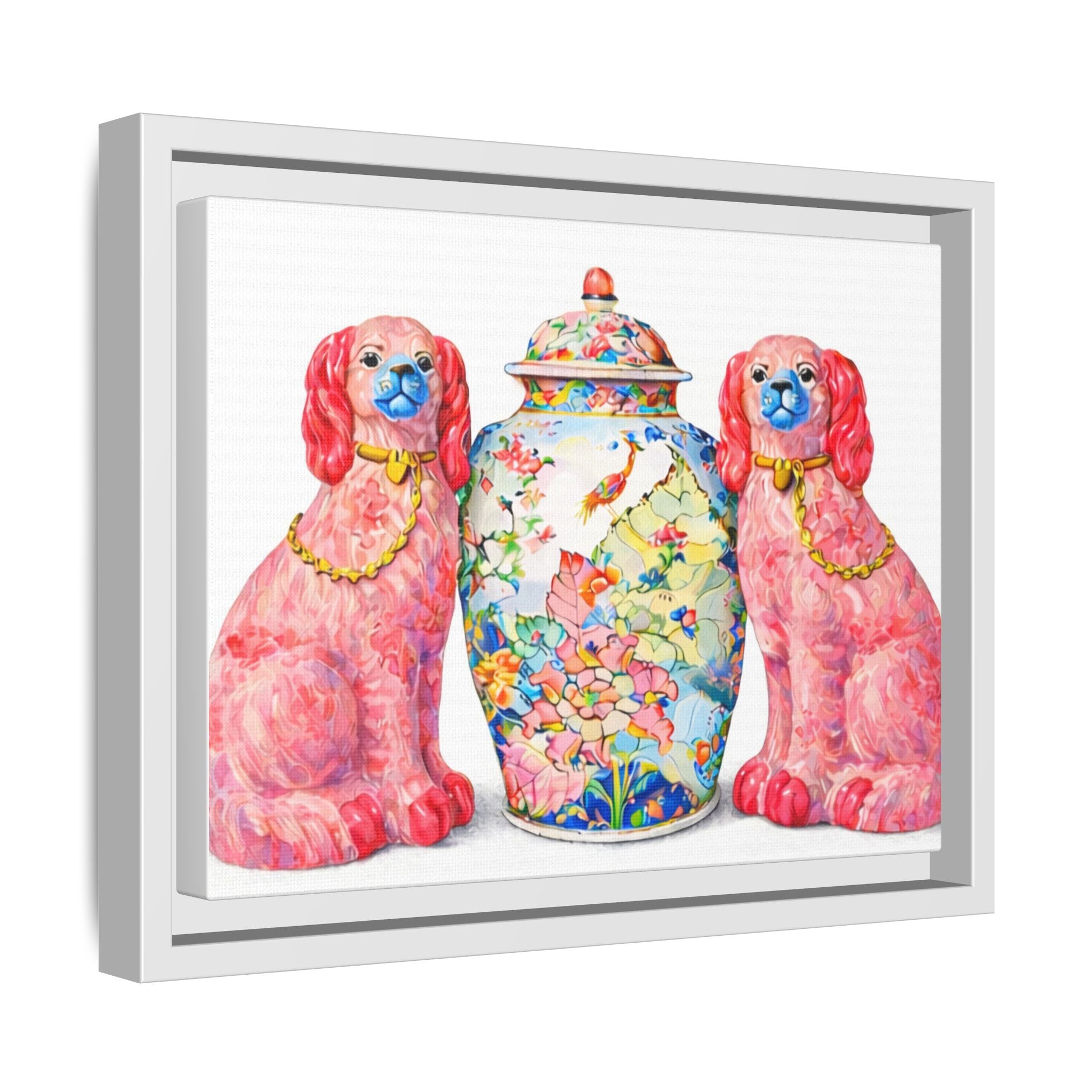 Pink Staffordshire Dogs & Floral Ginger Jar Framed Canvas