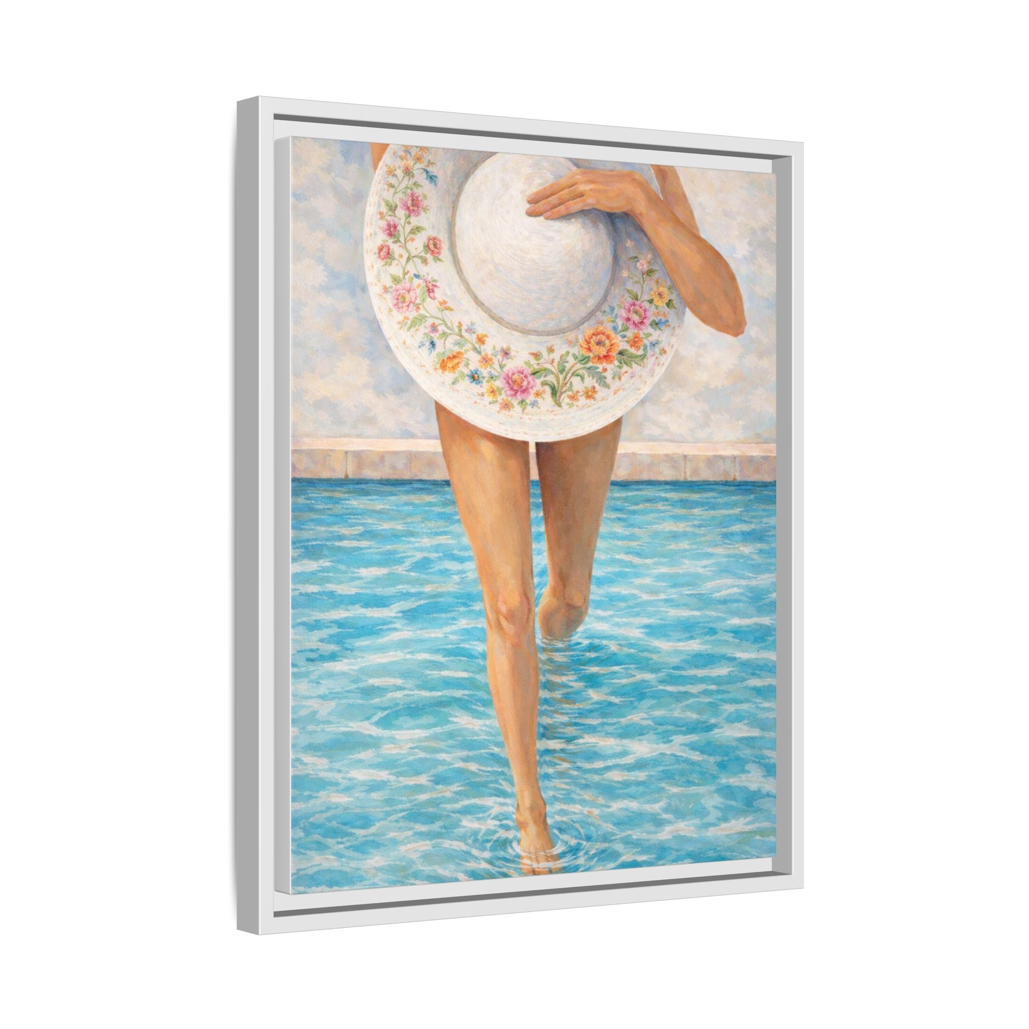 Summer Stroll Canvas Print — Woman with Floral Sun Hat Framed Art
