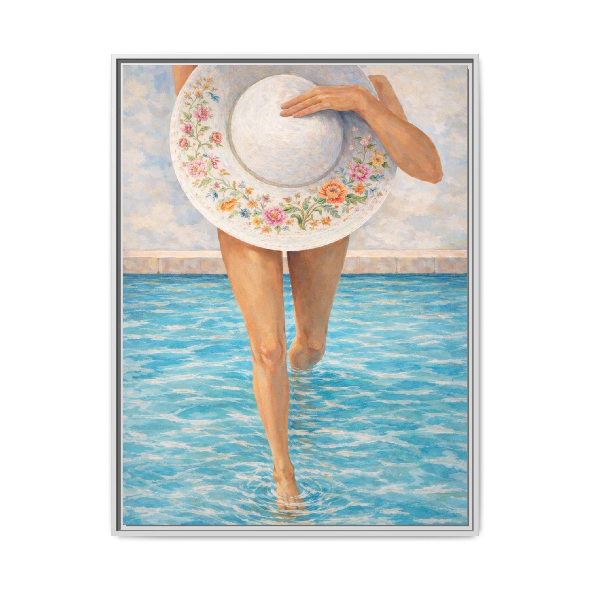 Summer Stroll Canvas Print — Woman with Floral Sun Hat Framed Art
