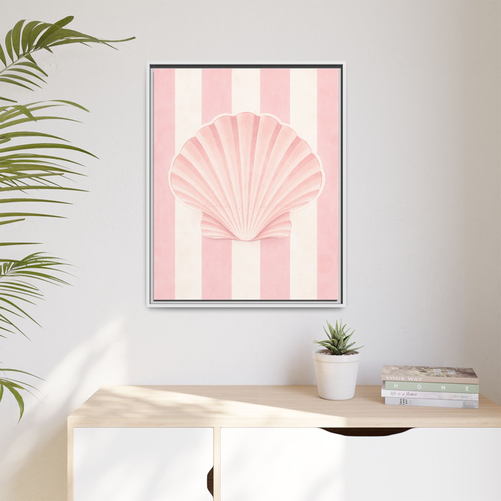 Seashell Wall Art Canvas — Pink Striped Framed Print