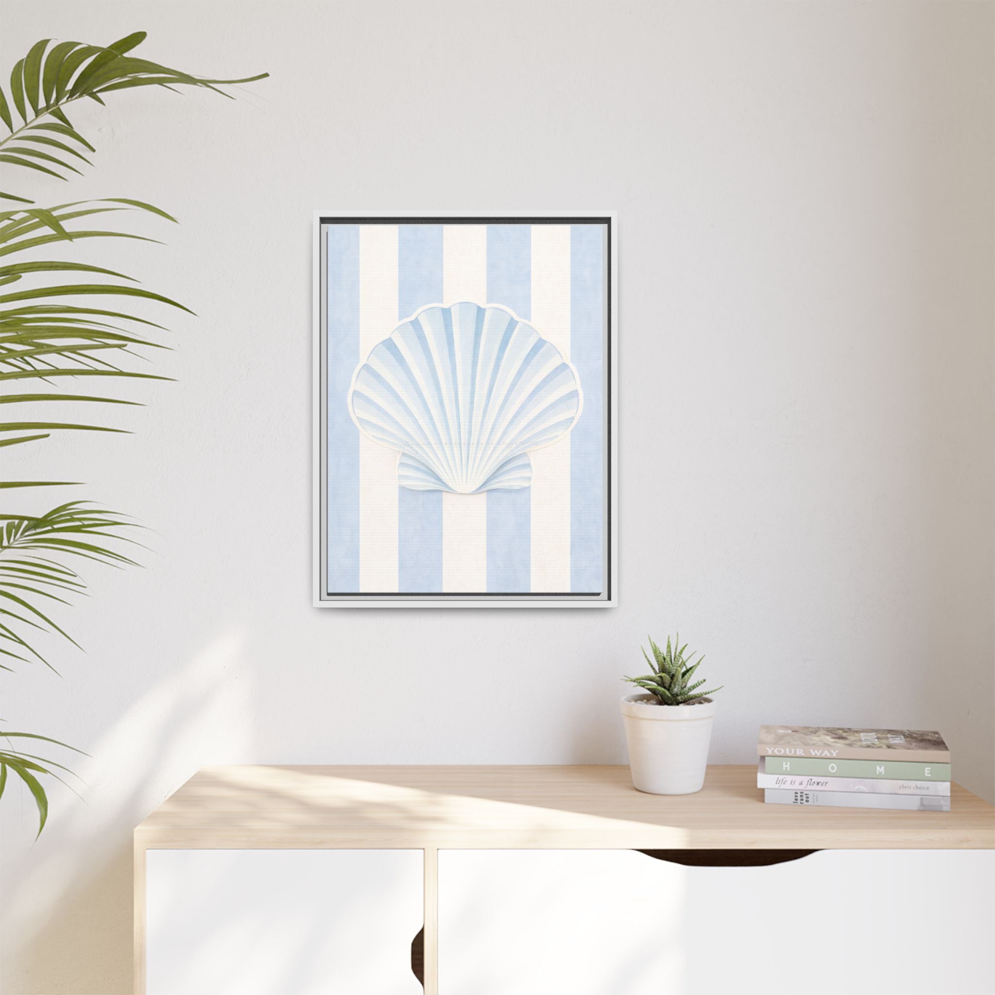 Seashell Stripes Framed Canvas Art — Coastal Blue Wall Decor