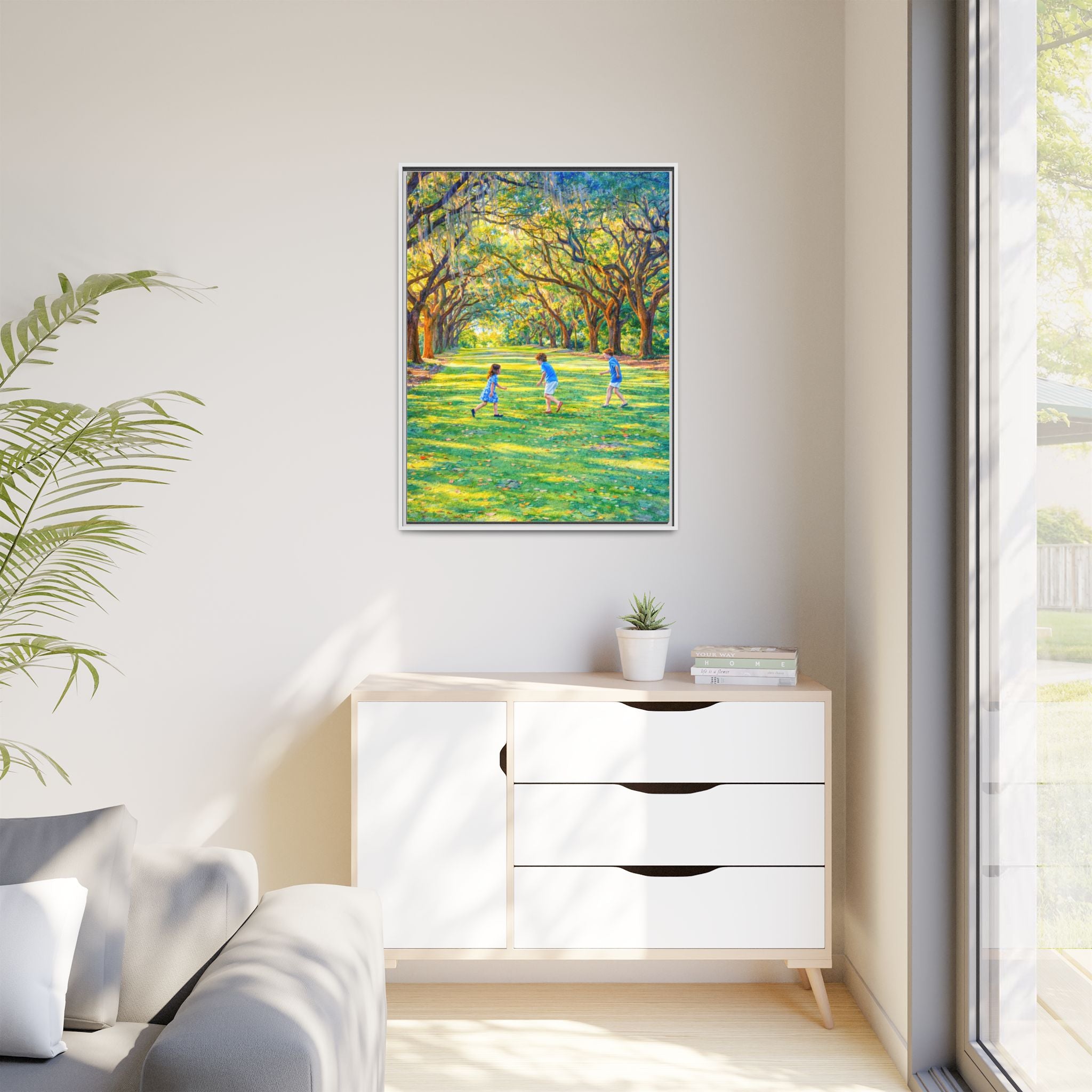 Framed Canvas Print — Children Playing Under Sunlit Oak Trees (Matte)