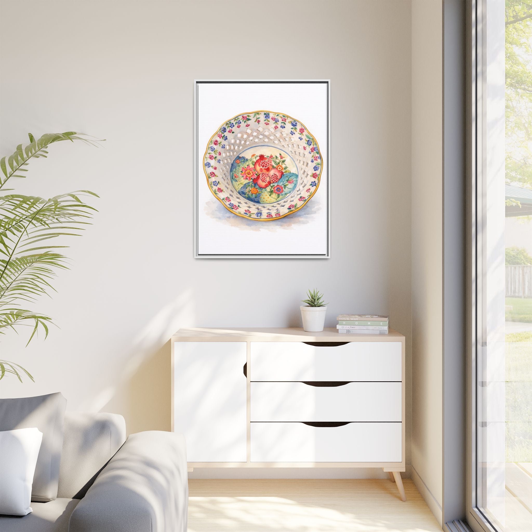 Framed Floral China Plate Canvas Print — Vintage Botanical Wall Art