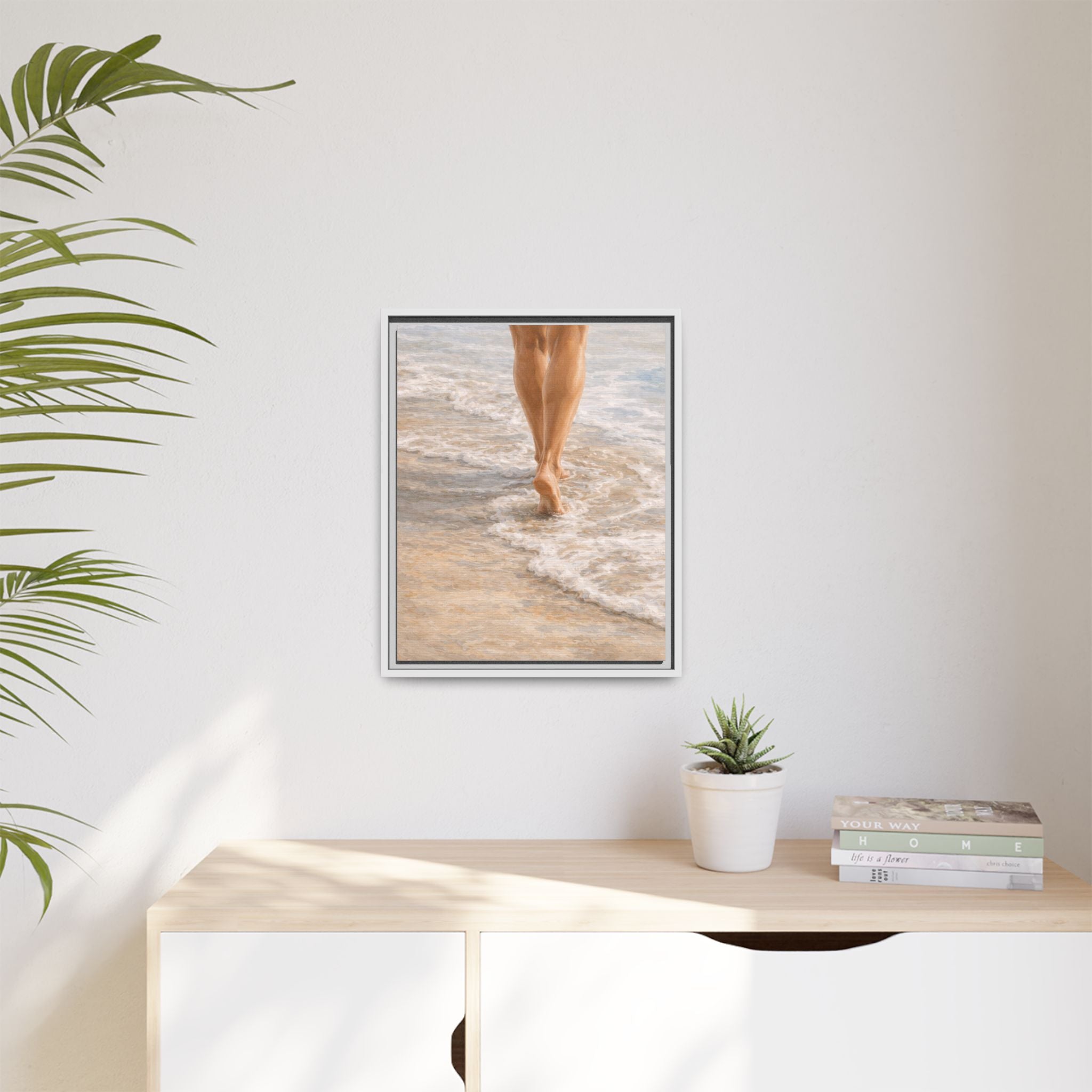 Framed Canvas Art — Bare Feet Walking on Beach Seashore Print