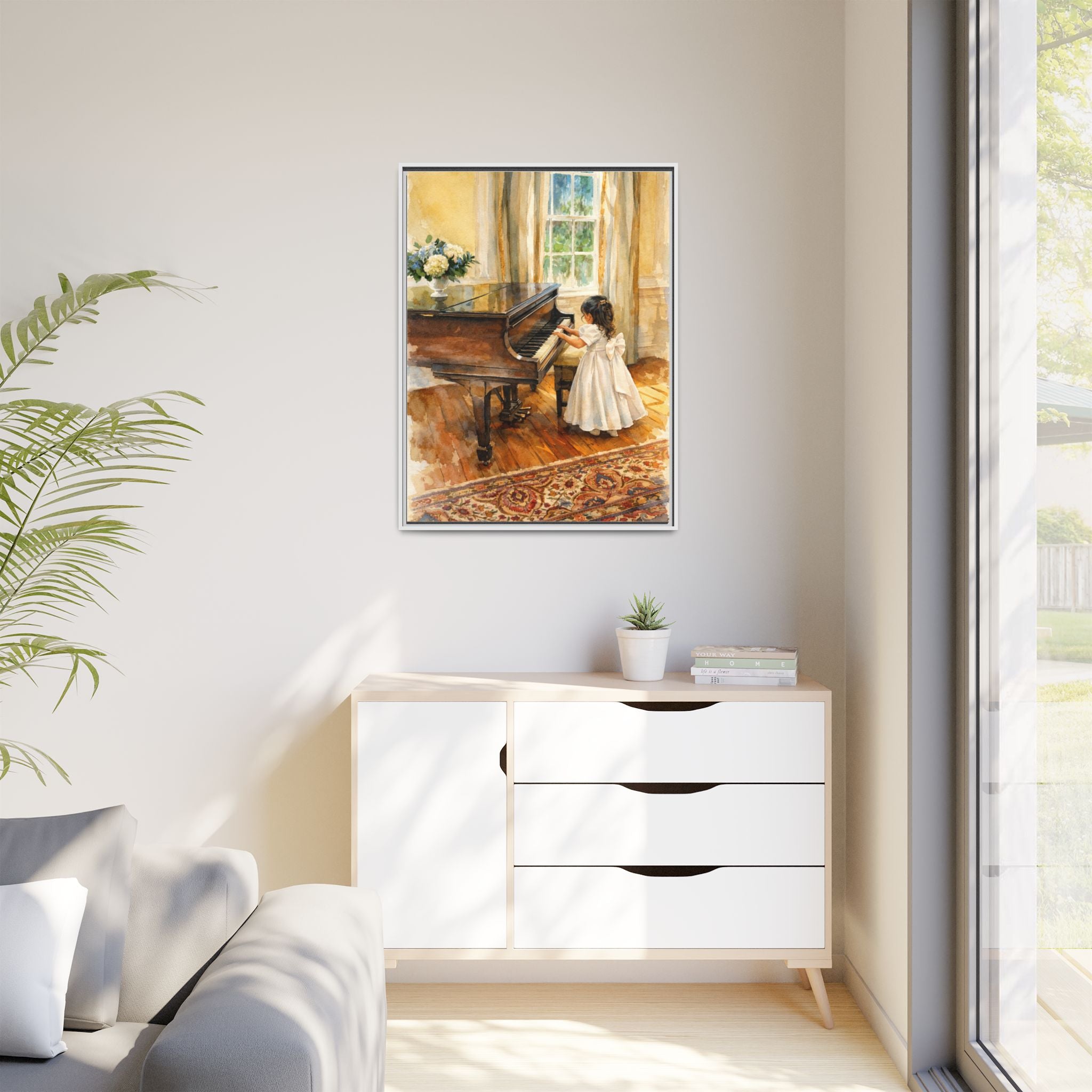 Framed Canvas Art - Little Girl at Piano Watercolor Print