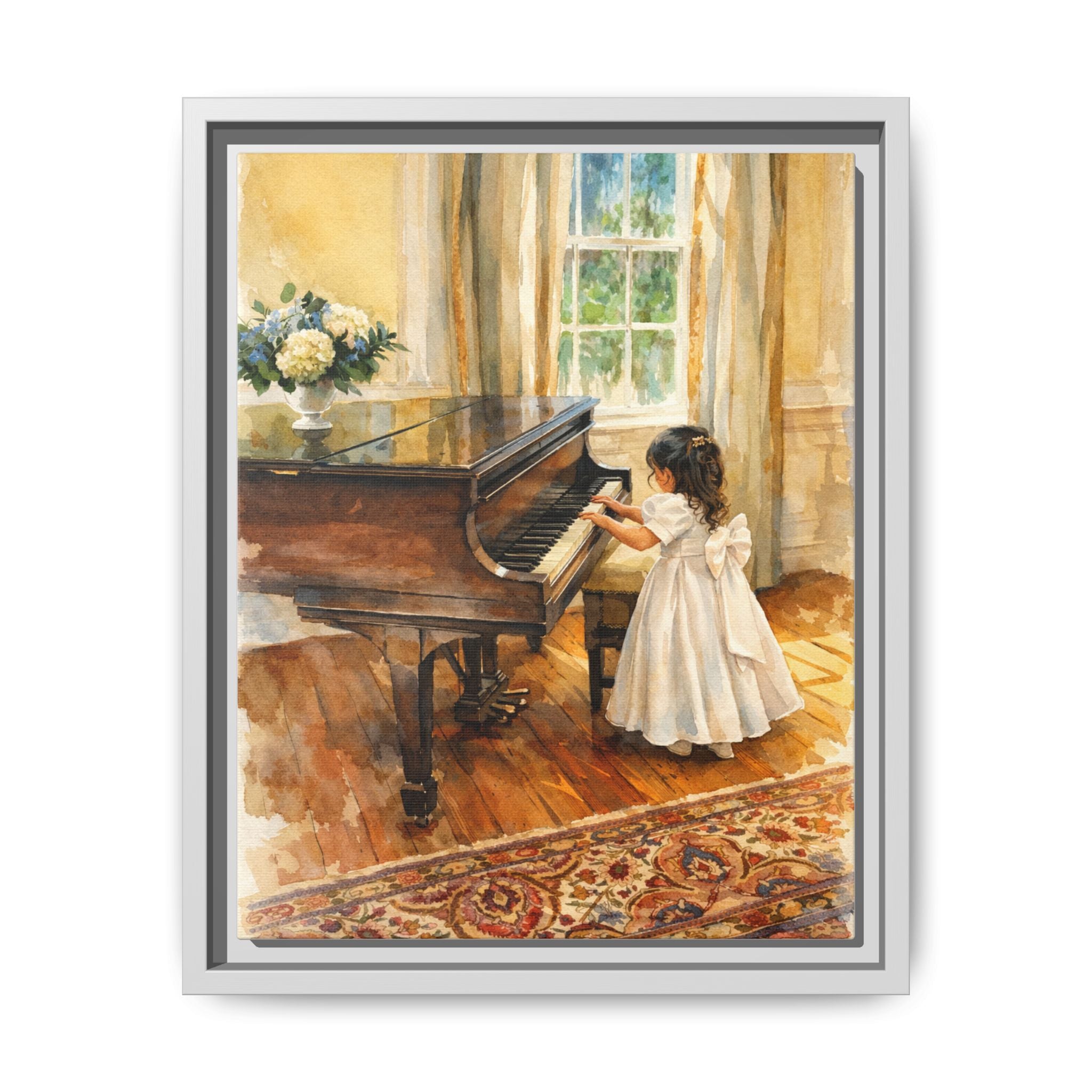 Framed Canvas Art - Little Girl at Piano Watercolor Print
