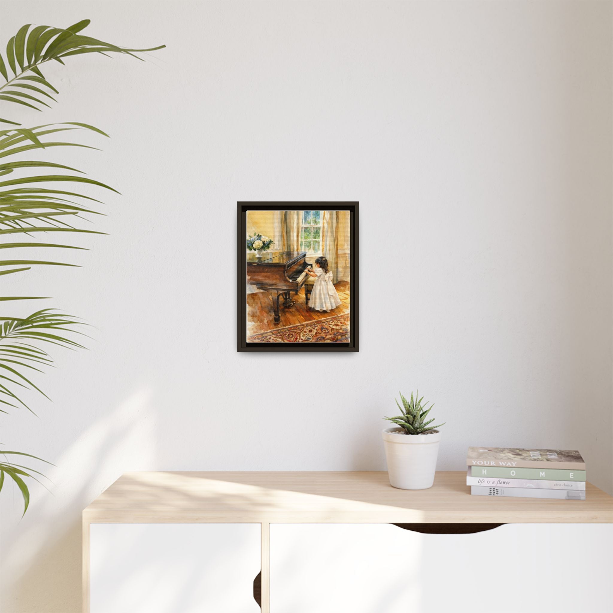 Framed Canvas Art - Little Girl at Piano Watercolor Print