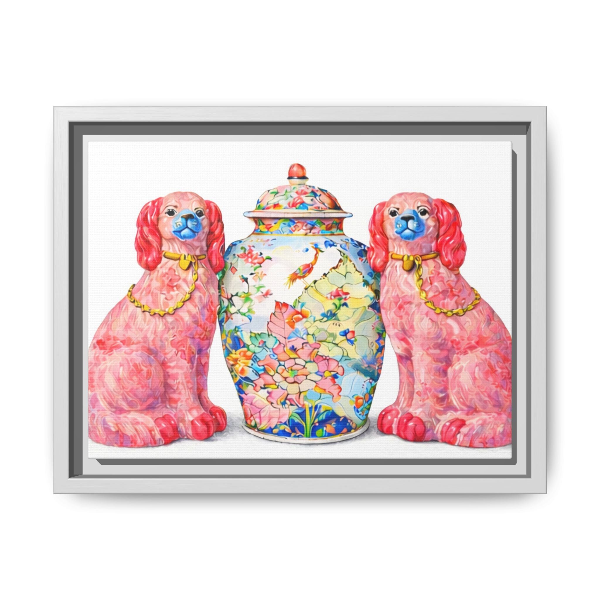 Pink Staffordshire Dogs & Floral Ginger Jar Framed Canvas