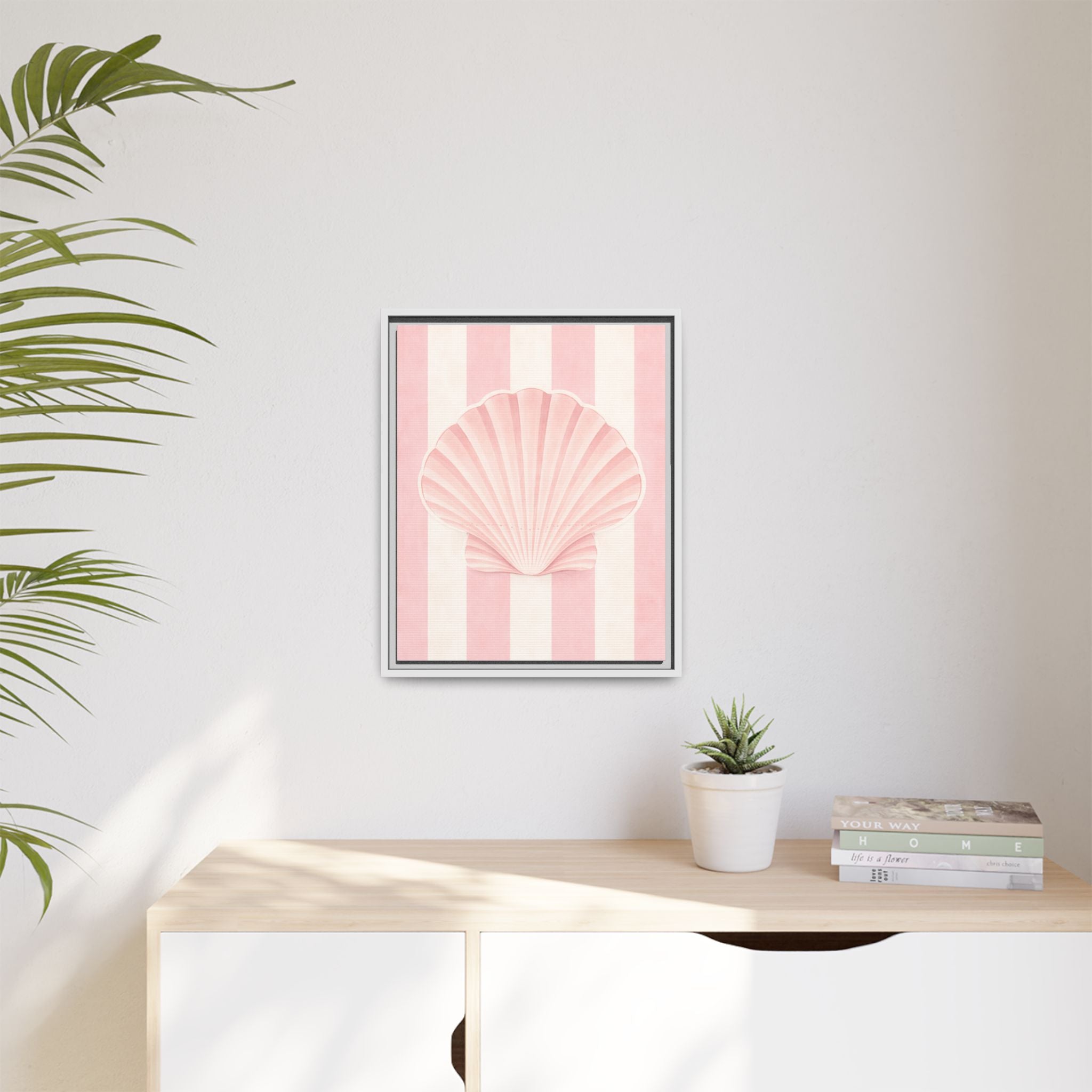 Seashell Wall Art Canvas — Pink Striped Framed Print