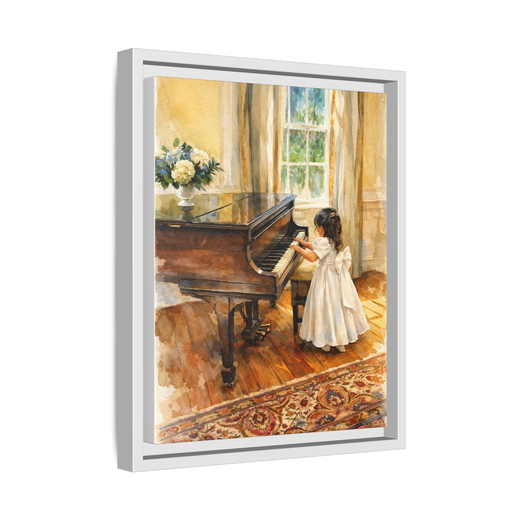 Framed Canvas Art - Little Girl at Piano Watercolor Print