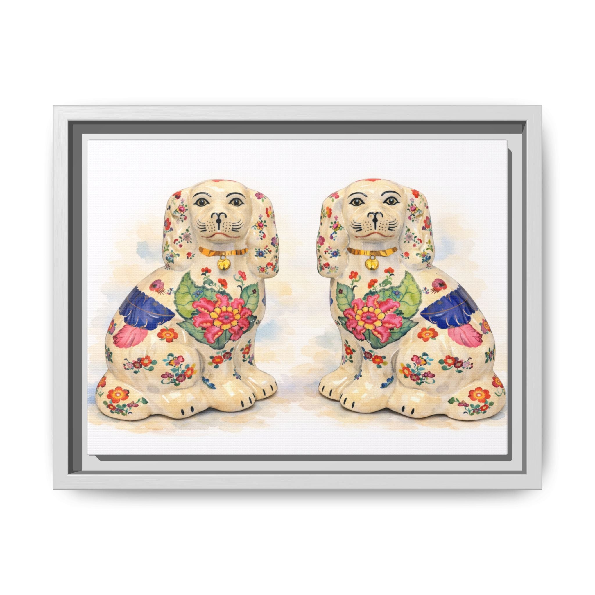 Framed Matte Canvas - Vintage Floral Staffordshire Spaniels Wall Art