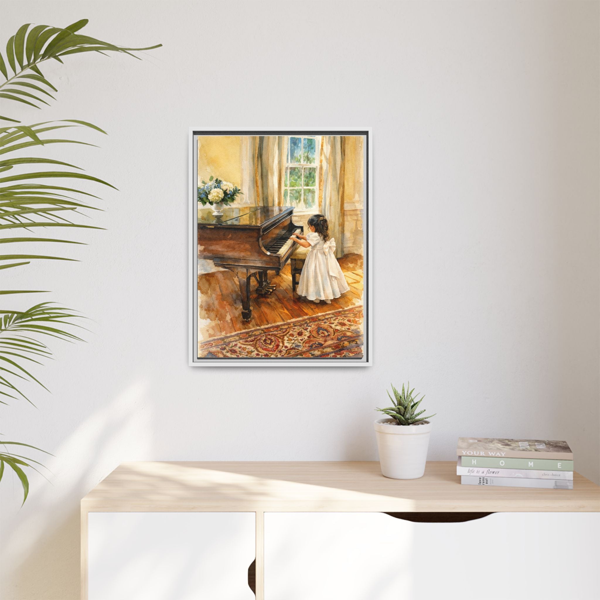 Framed Canvas Art - Little Girl at Piano Watercolor Print