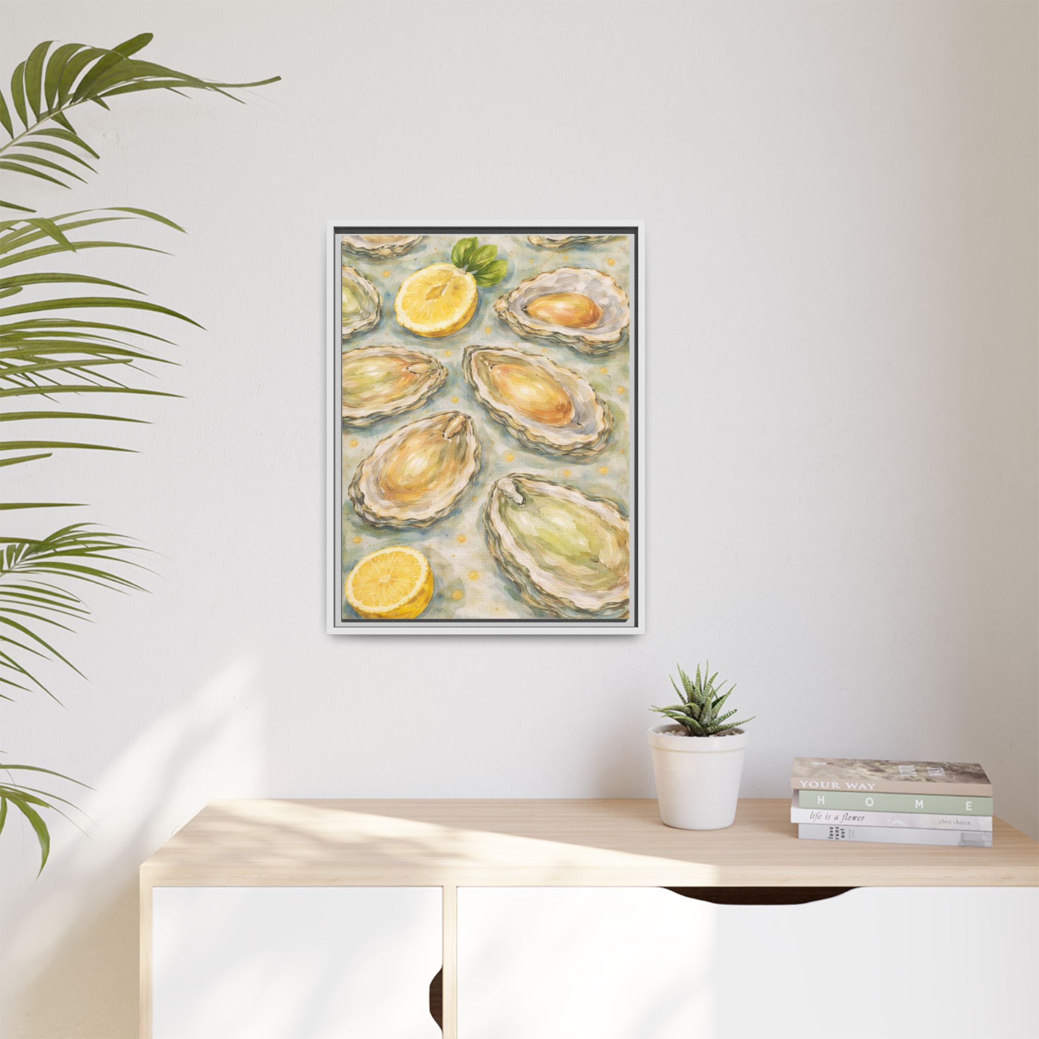 Framed Oyster & Lemon Canvas Art — Coastal Kitchen Wall Decor