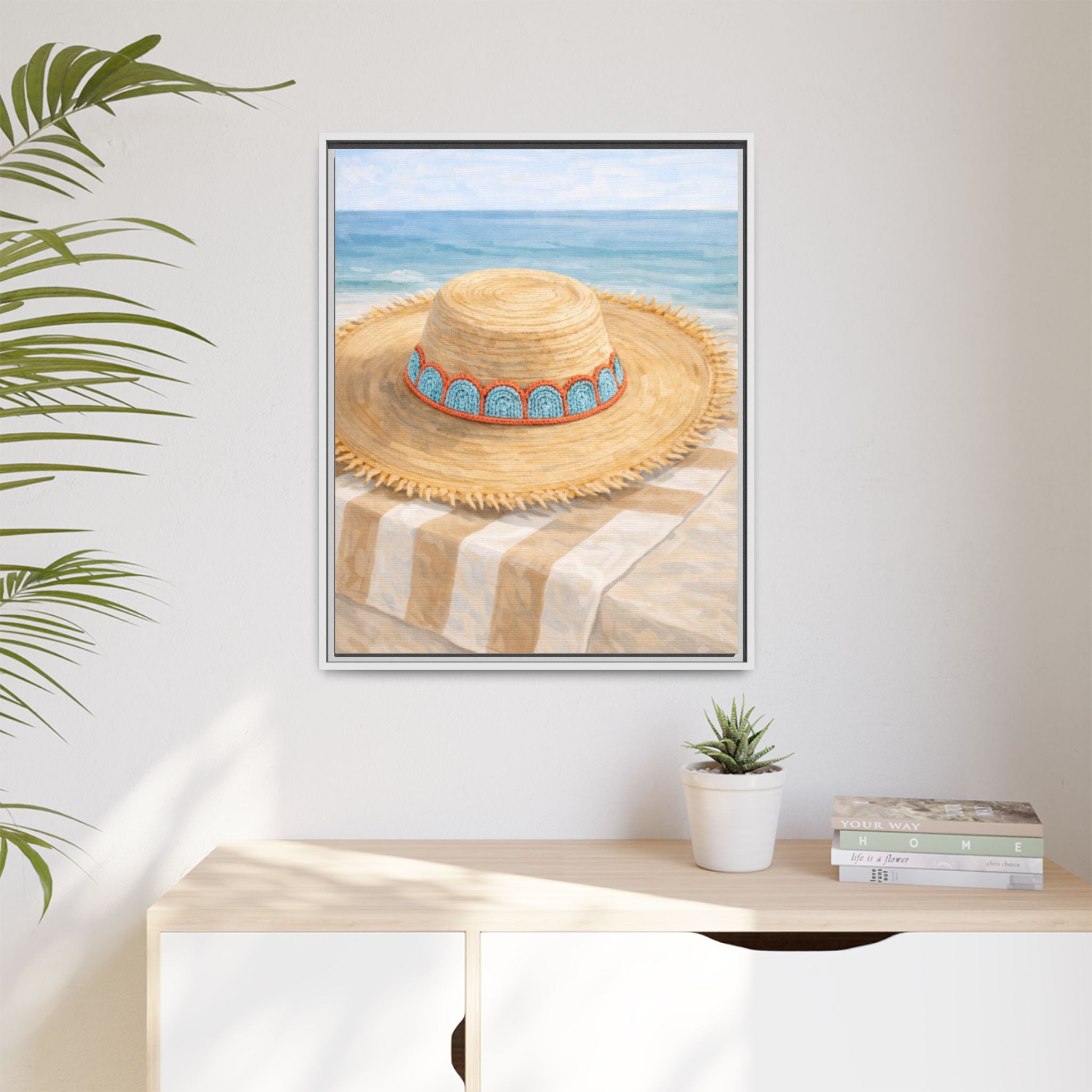 Beach Straw Hat Framed Canvas Print — Coastal Wall Art