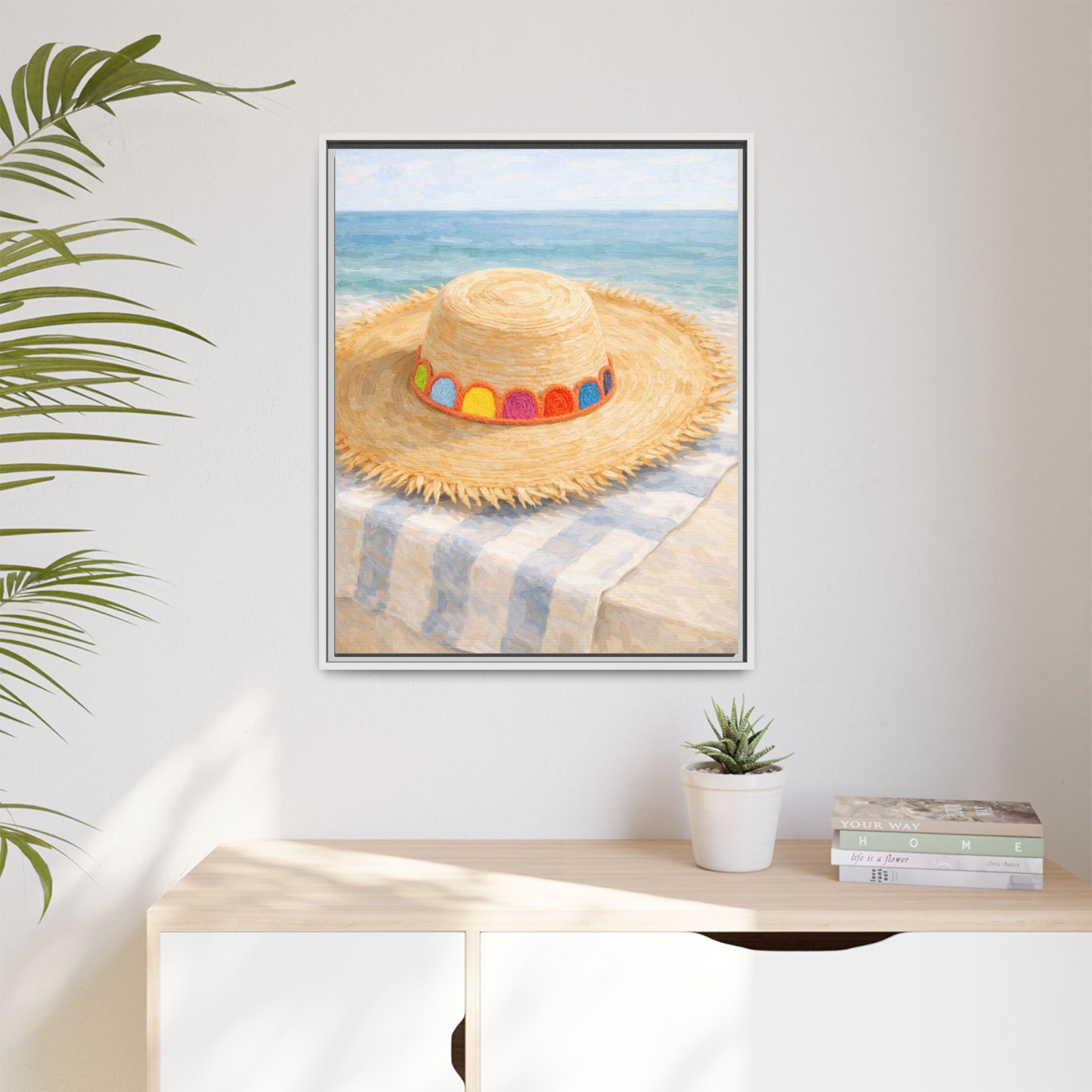Beach Straw Hat Canvas Print — Framed Matte Wall Art