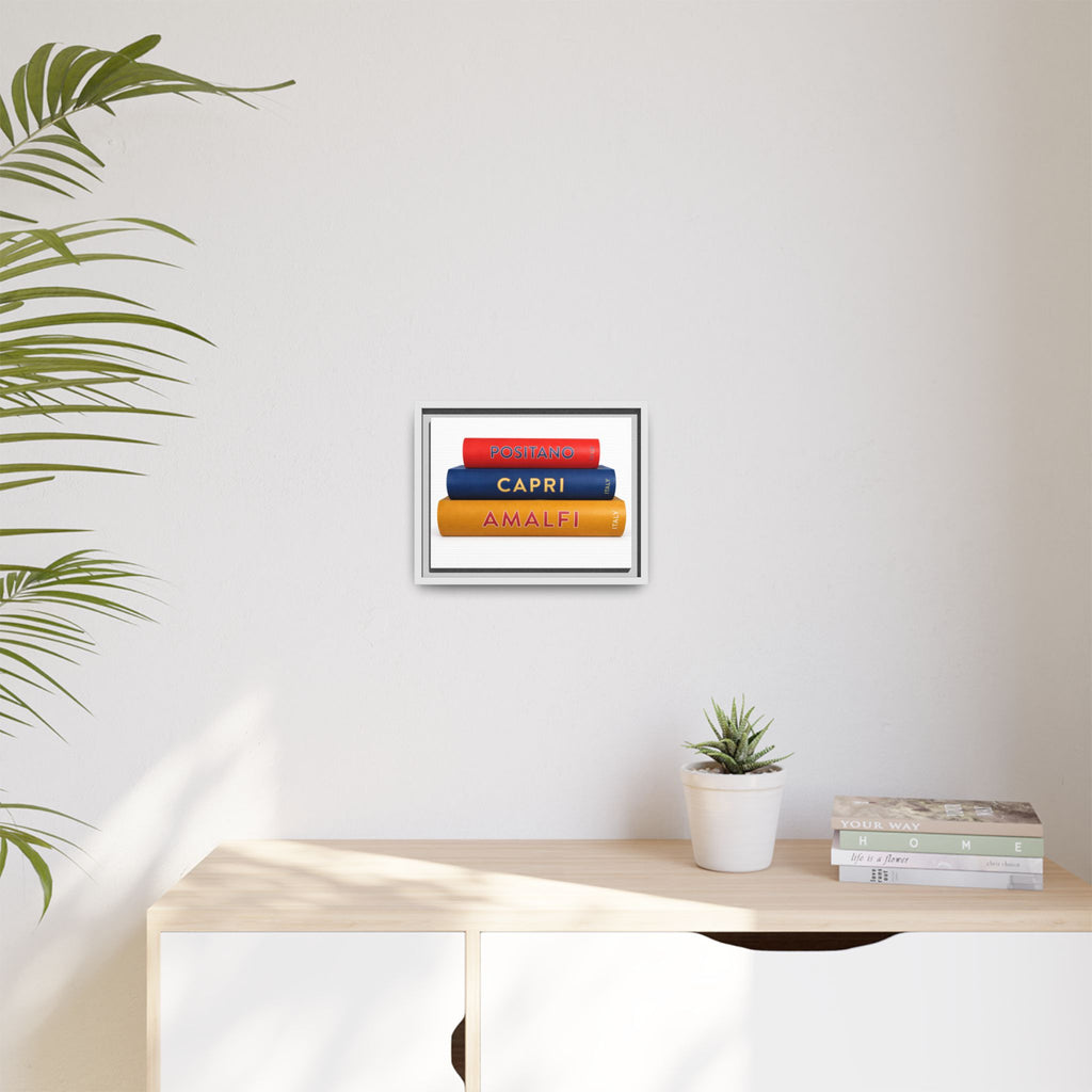 Matte Framed Canvas - Amalfi Capri Positano Travel Book Stack Wall Art