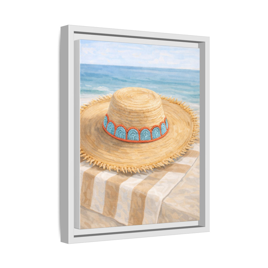 Beach Straw Hat Framed Canvas Print — Coastal Wall Art
